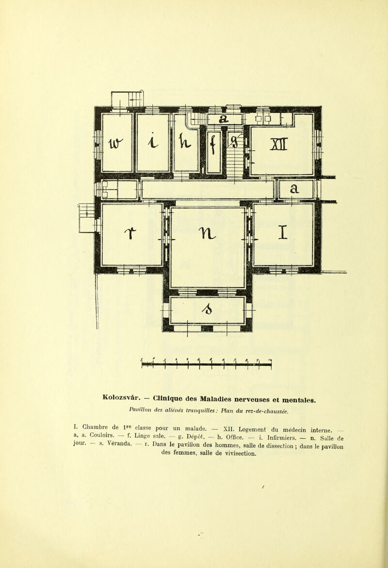 Pavillon des aliénés tranquilles: Plan du rez-de-chaussée. I. Chambre de l'e classe pour un malade. - XII. Logement du médecin interne. - a, a. Couloirs. - f. Linge s.ile. - g. Dépôt. - h. Office. - i. Infirmiers. - n. Salle de jour. - s. Véranda. — r. Dans le pavillon des hommes, salle de dissection ; dans le pavillon des femmes, salle de vivisection. /