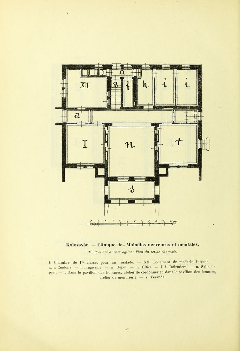 Pavillon des aliénés agités: Plan da rez-de-chaussée. 1. Chambre de l' classe, pour un malade. — XII. Logement du médecin interne. — a, a Couloirs. ~ f. Linge sale. — g. Dépôt. — h. Office. — i, i. Infirmiers. — n. Salle de jour. — r. Dans le pavillon des hommes, atelier de cordonnerie ; dans le pavillon des femmes, atelier de menuiserie. — s. Véranda.