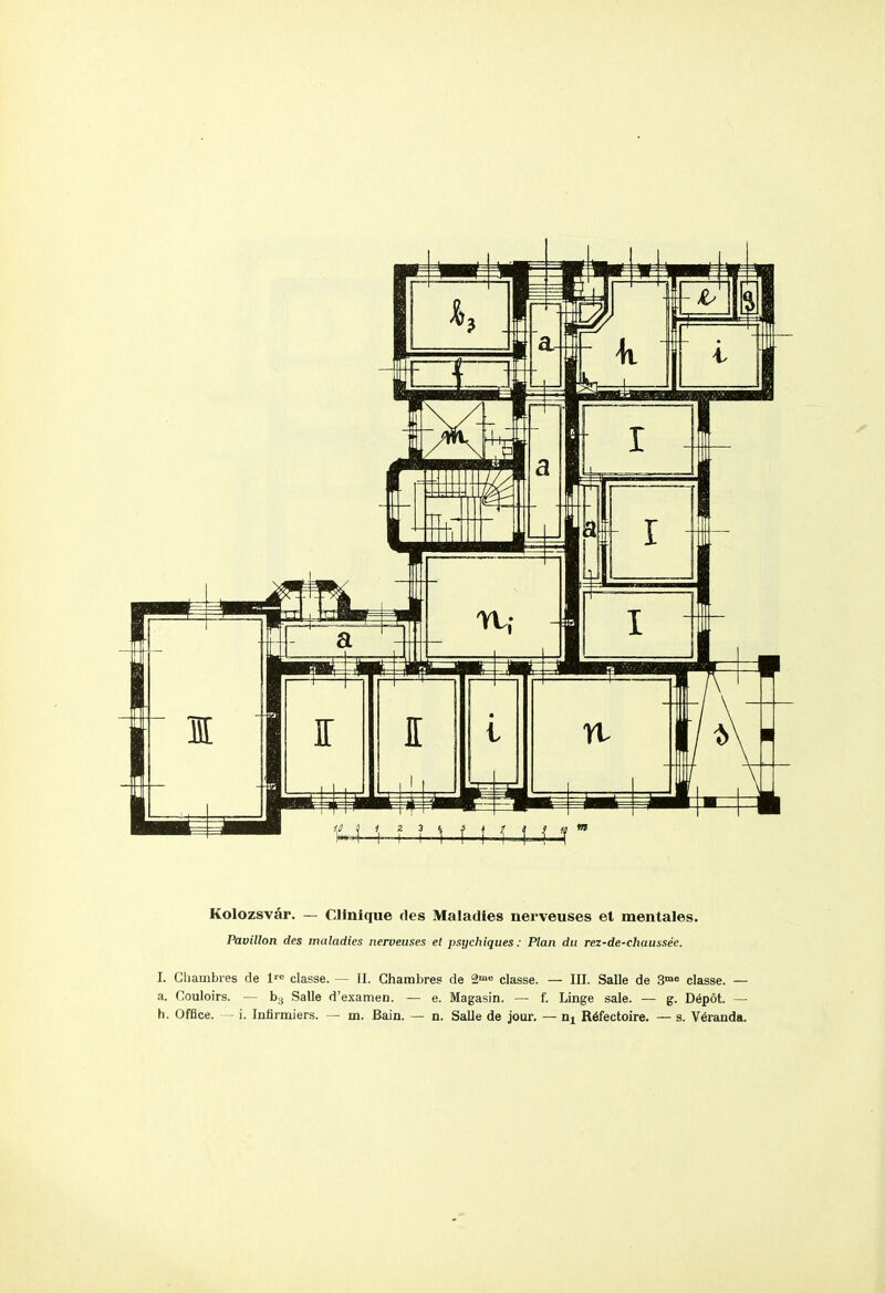 Pavillon des maladies nerveuses et psychiques: Plan du rez-de-chaussée. I. Gliambies de l'^ classe. — II. Chambres de 2n>« classe. — III. Salle de 3^ classe. — a. Couloirs. — Salle d'examen. — e. Magasin. — f. Linge sale. — g. Dépôt. ~