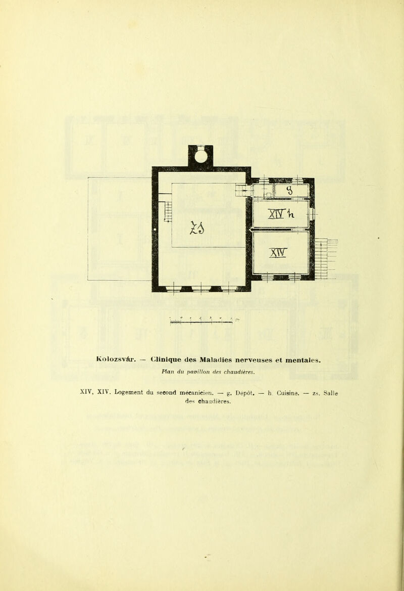 Plan du pavillon des chaudières. XIV, XIV. Logement du second mécanicien. — g. Dépôt. — h Cuisine. — zs. Salle des chaudières. r