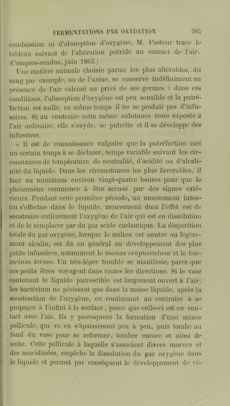 l'EiniKNTATlONS l’Ail OWDAI'ION combustion ni cl’;ibsorj[)tion doxygciio, Al. I astciir trace !(*• tableau suivant de l’altération putride au contact de l’air, ((.’omptes-rendus, juin 181)3.) Une matière animale choisie parmi les plus a]téra.l)les, du sang par exemple, ou de l’iirine, se conserve indéüniment eu présence de l’air calciné ou privé de ses germes : dans ces conditions, l’absorption d’oxygène est peu sensible et la putré- faction est nulle, en meme temps il ne se produit pas d’infu- soires. Si au contraire cette mémo substance reste exposée à l’air ordinaire, elle s’oxyde, se putrétie et il se développe des infusoires. « 11 est de connaissance vulgaire que la putréfaction met un certain temps à se déclarer, temps variable suivant les cir- constances de lempératurej de neutralité, d’acidité ou d’alcali- nité du liquide. Dans les circonstances les plus favorables, il faut au minimum environ vingt-quatre heures pour que le- phénomène commence à être accusé par des signes exté- rieurs. Pendant cette première période, un mouvement intes- tin s’effectue dans le liquide, mouvement dont l’effet est de soustraire entièrement l’oxygène de l’air qui est en dissolution et de le remplacer par du gaz acide carbonique. La disparition totale du gaz oxygène, lorsque le milieu est neutre ou légère- ment alcalin, est dû en général au développement des plus petits infusoires, notamment le monas crepusculum et le bac- terium termo. Un très-léger trouble se manifeste, parce que ces petits êtres voyagent dans toutes les directions. Si le vase contenant le liquide putrescible est largement ouvert à l’air, les bactérium ne périssent que dans la masse liquide, après la soustraction de l’oxygène, en continuant au contraire à se- propager à l’infini à la surface , parce que celle-ci est en con- tact avec l’air. Us y ])rovoquent la formation d’une mince pellicule, qui va en s’épaississant peu à peu, puis tombe au fond du vase pour se reformer, tomber encore et ainsi de suite. Cette pellicule à laquelle s’associent divers miicors et des mucidinées, empêche la dissolution du gaz oxygène dans le lûjuide et permet par conséquent le développement d(‘. vi-