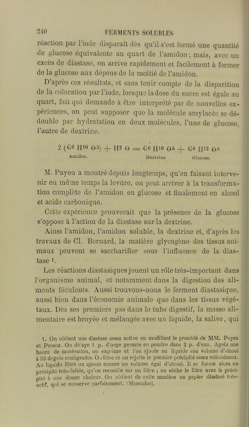 réaction par l’iode disparaît dès qu’il s’est formé une quantité de glucose équivalente au quart de l’amidon ; mais, avec un excès de diastase, on arrive rapidement et facilement à former de la glucose aux dépens de la moitié de l’amidon. D’apres ces résultats, et sans tenir compte de la disparition de la coloration par l’iode, lorsque la dose du sucre est égale au quart, fait qui demande à être interprété par de nouvelles ex- périences, on peut supposer que la molécule amylacée se dé- double par hydratation en deux molécules, l’une de glucose, l’autre de dextrine. . 2 (G6 HIO ^5) ^ H2 44- = -G6 HIO -0.5 _L 446 H12 4),6 Amidon. Dextrine Glucose. M. Payen a montré depuis longtemps, qu’en faisant interve- nir en môme temps la levure, on peut arriver à la ti’ansforma- tion complète de l’amidon en glucose et finalement en alcool et acide carbonique. Cette expérience prouverait que la présence de la glucose s’oppose à l’action de la diastase sur la dextrine. Ainsi l’amidon, l’amidon soluble, la dextrine et, d’après les travaux de Cl. Bernard, la matière glycogène- des tissus ani- maux peuvent se saccharifier sous l’influence de la dias- tase 1. Les réactions diastasiques jouent un rôle très-important dans l’organisme animal, et notamment dans la digestion des ali- ments féculents. Aussi trouvons-nous le ferment diastasique, aussi bien dans l’économie animale que dans les tissus végé- taux. Dès ses premiers pas dans le tube digestif, la masse ali- mentaire est broyée et mélangée avec un liquide, la salive, qui 1. On obtient une diastase assez active en modifiant le procédé de MM. P.iyen et Persoz. On dé'aye 1 p. d’orge germée en poudre dans 2 p. d’eau. Après une heure de macération, on e.xpiime et l’on ajoute au liquide ion volume d’alcool à SO degrés centigrades. Ou filtre et on rejette le premier précipité assez volumineux. Au liquide filtré on ajoute encore un volume égal d’alcool. Il so forme alors un précipité très-faible, qu’on recueille sur un filtre ; on sèche le filtre avec le préci- pité <à une douce chaleur. On obtient de cette manière un papier diastasé très- actif, qui se conserve parfaitement. IMusculus).