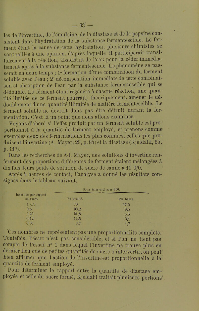 les de l'invertine, de l'émulsine, de la diastase et de la pepsine con- sistent dans l'hydratation de la substance fermentescible. Le fer- ment étant la cause de cette hydratation, plusieurs chimistes se sont ralliés cà une opinion, d'après laquelle il participerait transi- toirement à la réaction, absorbant de l'eau pour la céder immédia- tement après à la substance fermentescible. Le phénomène se pas- serait en deux temps ; 1° formation d'une combinaison du ferment soluble avec l'eau ; 2 décomposition immédiate de cette combinai- son et absorption de l'eau par la substance fermentescible qui se dédouble. Le ferment étant régénéré à chaque réaction, une quan- tité limitée de ce ferment pourrait, théoriquement, amener le dé- doublement d'une quantité illimitée de matière fermentescible. Le ferment soluble ne devrait donc pas être détruit durant la fer- mentation. C'est là un point que nous allons examiner. Voyons d'abord si l'effet produit par un ferment soluble est pro- portionnel à ]a quantité de ferment employé, et prenons comme exemples deux des fermentations les plus connues, celles que pro- duisent l'invertine (A. Mayer, 29, p. 84) et la diastase (Kjeldahl, 65, p. 117). Dans les recherches de Ad. Mayer, des solutions d'invertine ren- fermant des proportions différentes de ferment étaient mélangées à dix fois leurs poids de solution de sucre de canne à 10 0/0. Après 4 heures de contact, l'analyse a donné les résultats con- signés dans le tableau suivant. Sucre interverti pour 100. Invertine par rapport au sucre. En totalité. Par heure. 1 0/0 70 17,5 0,5 38,2 9,5 0,25 21,8 5,5 0,12 12,5 3,1 0,06 6,7 1,7 Ces nombres ne représentent pas une proportionnalité complète. Toutefois, l'écart n'est pas considérable, et si l'on ne tient pas compte de l'essai n 1 dans lequel l'invertine ne trouve plus en dernier lieu que de petites quantités de sucre à intervertir, on peut bien affirmer que l'action de l'invertine est proportionnelle à la quantité de ferment employé. Pour déterminer le rapport entre la quantité de diastase em- ployée et celle du sucre formé, Kjeldahl traitait plusieurs portions'