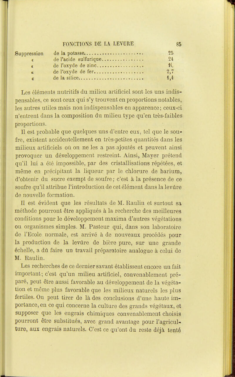 Suppression c a 25 24 IL 2,7 1,4 85 Les éléments nutritifs du milieu artificiel sont les uns indis- pensables, ce sont ceux qui s'y trouvent en proportions notables, les autres utiles mais non indispensables en apparence ; ceux-ci n'entrent dans la composition du milieu type qu'en très-faibles proportions. Il est probable que quelques uns d'entre eux, tel que le sou- fre, existent accidentellement en très-petites quantités dans les milieux artificiels où on ne les a pas ajoutés et peuvent ainsi provoquer un développement restreint. Ainsi, Mayer prétend qu'il lui a été impossible, par des cristallisations répétées, et môme en précipitant la liqueur par le chlorure de barium, d'obtenir du sucre exempt de soufre ; c'est à la présence de ce soufre qu'il attribue l'introduction de cet élément dans la levure de nouvelle formation. Il est évident que les résultats de M. Raulin et surtout sa méthode pourront être appliqués à la recherche des meilleures conditions pour le développement maxima d'autres végétations ou organismes simples. M. Pasteur qui, dans son laboratoire de l'Ecole normale, est arrivé à de nouveaux procédés pour la production de la levûre de bière pure, sur une grande échelle, a dû faire un travail préparatoire analogue à celui de M. Raulin. Les recherches de ce dernier savant établissent encore un fait important; c'est qu'un milieu artificiel, convenablement pré- paré, peut être aussi favorable au développement de la végéta- tion et môme plus favorable que les milieux naturels les plus fertiles. On peut tirer de là des conclusions d'une haute im- portance, en ce qui concerne la culture des grands végétaux, et supposer que les engrais chimiques convenablement choisis pourront être substitués, avec grand avantage pour l'agricul- turo, aux engrais naturels. C'est ce qu'ont du reste déjà tenté