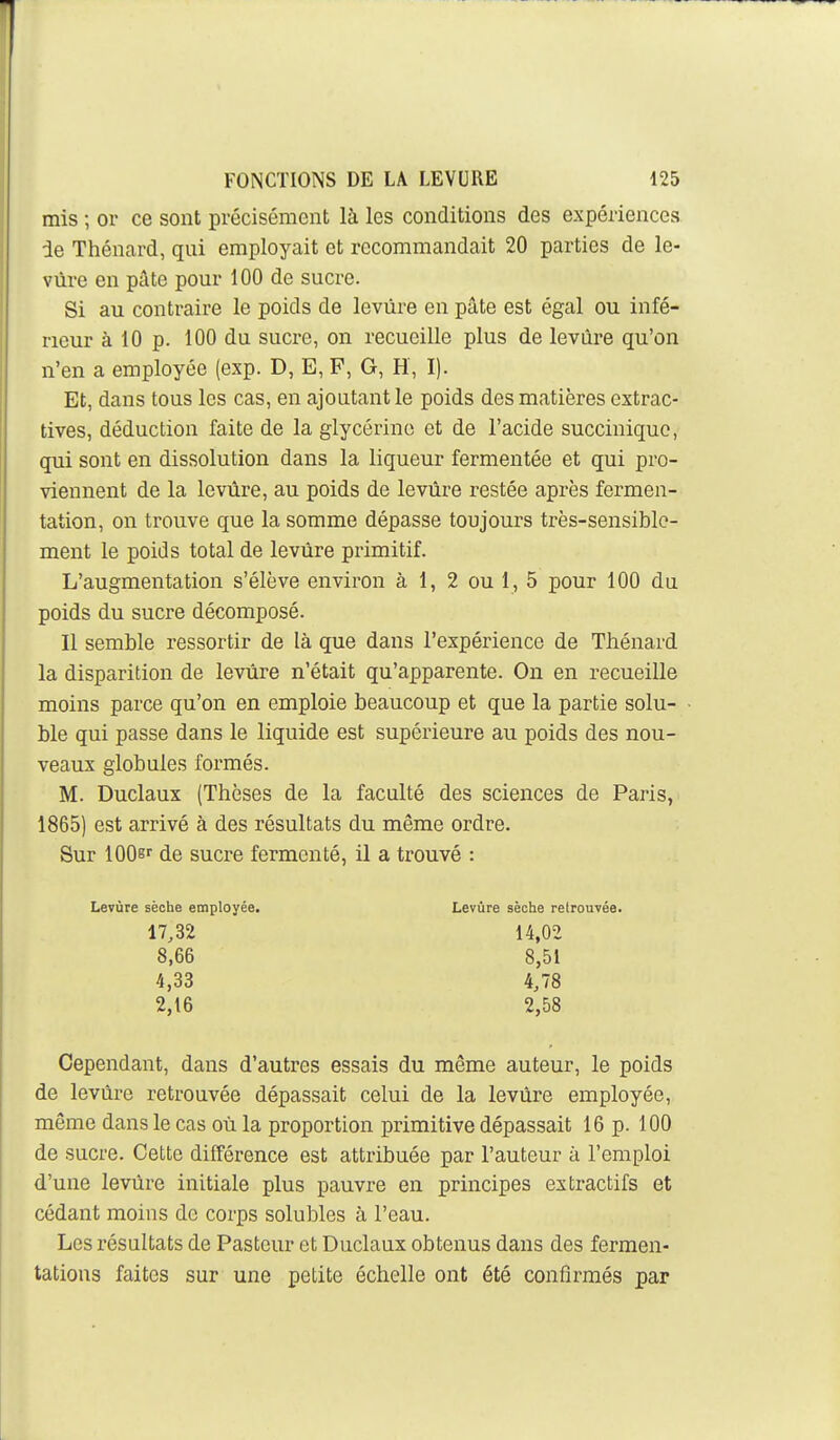 mis ; ov ce sont précisément là les conditions des expériences le Thénard, qui employait et recommandait 20 parties de le- vure en pâte pour 100 de sucre. Si au contraire le poids de levure en pâte est égal ou infé- rieur à 10 p. 100 du sucre, on recueille plus de levùre qu'on n'en a employée (exp. D, E, F, G, H, I). Et, dans tous les cas, en ajoutant le poids des matières extrac- tives, déduction faite de la glycérine et de l'acide succinique, qui sont en dissolution dans la liqueur fermentée et qui pro- viennent de la levure, au poids de levure restée après fermen- tation, on trouve que la somme dépasse toujours très-sensible- ment le poids total de levure primitif. L'augmentation s'élève environ à 1, 2 ou 1, 5 pour 100 du poids du sucre décomposé. Il semble ressortir de là que dans l'expérience de Thénard la disparition de levure n'était qu'apparente. On en recueille moins parce qu'on en emploie beaucoup et que la partie solu- ble qui passe dans le liquide est supérieure au poids des nou- veaux globules formés. M. Duclaux (Thèses de la faculté des sciences de Paris, 1865) est arrivé à des résultats du même ordre. Sur 1006'' de sucre fermenté, il a trouvé : Cependant, dans d'autres essais du même auteur, le poids de levure retrouvée dépassait celui de la levure employée, même dans le cas où la proportion primitive dépassait 16 p. 100 de sucre. Cette différence est attribuée par l'auteur à l'emploi d'une levùre initiale plus pauvre en principes extractifs et cédant moins de corps solubles à l'eau. Les résultats de Pasteur et Duclaux obtenus dans des fermen- tations faites sur une petite échelle ont été confirmés par Levure sèche employée. Levùre sèche retrouvée. 17,32 8,66 4,33 2,16 14,02 8,51 4,78 2,58