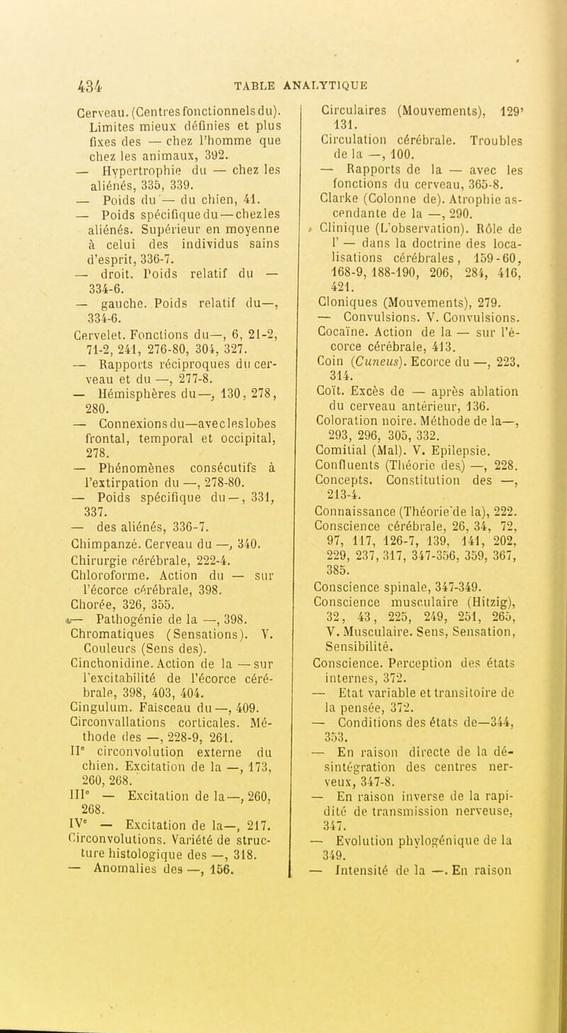 Cerveau. (Centres fonctionnels du). Limites mieux définies et plus fixes des — chez l'homme que chez les animau,\, 392. — Hypertrophie du — chez les aliénés, 335, 339. — Poids du — du chien, 41. — Poids spécifique du — chezles aliénés. Supérieur en moyenne à celui des individus sains d'esprit, 336-7. — droit. Poids relatif du — 334-6. — gauche. Poids relatif du—, 334-6. Cervelet. Fonctions du—, 6, 21-2, 71-2, 241, 276-80, 304, 327. — Rapports réciproques du cer- veau et du —, 277-8. — Hémisphères du—, 130, 278, 280. — Connexions du—avecleslobes frontal, temporal et occipital, 278. — Phénomènes consécutifs à l'extirpation du —, 278-80. — Poids spécifique du —,331, 337. — des aliénés, 336-7. Chimpanzé. Cerveau du —, 340. Chirurgie cérébrale, 222-4. Chloroforme. Action du — sur l'écorce cérébrale, 398. Chorée, 326, 355. ».— Palhogénie de la —, 398. Chromatiques (Sensations). V. Couleurs (Sens de.s). Cinchonidine. Action de la —sur l'excitabilité de l'écorce céré- brale, 398, 403, 404. Cingulum. Faisceau du—, 409. Circonvallations corticales. Mé- thode des —, 228-9, 261. 11° circonvolution externe du chien. Excitation de la —, 173, 260, 268. 111° — Excitation de la—, 260, 268. IV° — Excitation de la—, 217. Circonvolutions. Variété de struc- ture histologique des —, 318. — Anomalies des —, 156. Circulaires (Mouvements), 129' 131. Circulation cérébrale. Troubles de la —, 100. — Rapports de la — avec les fonctions du cerveau, 365-8. Clarke (Colonne de). Atrophie as- cendante de la —, 290. » Clinique (L'observation). Rôle de r — dans la doctrine des loca- lisations cérébrales, 159-60, 168-9, 188-190, 206, 284, 416, 421. Cloniques (Mouvements), 279. — Convulsions. V. Convulsions. Cocaïne. Action de la — sur l'é- corce cérébrale, 413. Coin (Cuneus). Ecorce du —, 223. 314. Coït. Excès de — après ablation du cerveau antérieur, 136. Coloration noire. Méthode de la—. 293, 296, 305, 332. Gomilial (Mal). V. Epilepsie. Confluents (Théorie des.) —, 228. Concepts. Constitution des —, 213-4. Connaissance (Théorie'de la), 222. Conscience cérébrale, 26, 34, 72, 97, 117, 126-7, 139, 141, 202. 229, 237, 317, 347-356, 359, 367, 385. Conscience spinale, 347-349. Conscience musculaire (Hitzig), 32, 43, 225, 249, 251, 265, V. Musculaire. Sens, Sensation, Sensibilité. Conscience. Perception des états internes, 372. — Etat variable et transitoire de la pensée, 372. — Conditions des états de—344, 353. — En raison directe de la dé- sintégration des centres ner- veux, 347-8. — En raison inverse de la rapi- dité de transmission nerveuse, 347. — Evolution phvlogénique de la 349. — Intensité de la —. En raison