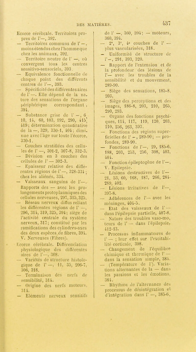 Ecoi'ce cérébrale. Territoires pro- pres de r—, 392. — Territoires communs de 1' —, moins étendus cliez l'homme que chez les animaux, 39-2. — Territoire neutre de 1' —, où convergent tous les centres sonsitivo-sensoriels, 393. — Equivalence fonctionnelle de chaque point des difTérents centres de 1'—, 393. — Spécificité des dillérentes aires do r —. Elle dépend de la na. turc des sensations de l'organe périphérique correspondant , 394. — Substance grise de 1' — , 6 10, li, 60, 103, 192, 290, 415' 419; détermination quantitative de la—, 329, 330-1, -404; dimi- nue avec l'âge sur toute l'écorce, 330-1. — Couches stratiûées des cellu- les de r — 301-2, 307-8, 332-3. — Division en 3 couches des cellules de 1' — 302-3. — Epaisseur relative des diffé- rentes régions de 1'—, 328-334 ; chez les aliénés, 334. — Vaisseaux sanguins de 1'—. Rapports des — avec les pro- longements protoplasmiques des cellules nerveuses, 297, 315,325. — Réseau nerveux diffus reliant les différentes régions de 1' —. 296, 314, 319, 325, 394; siège dé l'activité centrale du système nerveux, 317; constitué par les ramiflcations des cylindres-axes des deux espèces de fibres, 394. V. Nerveuses (Fibres). Kcorcc cérébrale. Difl'érenciation physiologique dos différentes aires de 1'—, 308. — Variétés de structure histolo- giquc de 1' —, 11, 3.5, 206-7, 306, 318. — Terminaison des nerfs de sensibilité, 314. — Origine des nerfs motcuis. 311. — Elèmeuls nerveux scnsitifs de r —, 360, 394; — moteurs, 360, 394. — 2% 3, 4» couches de 1' — l)lus vascularisées, 318. — Uniformité de structure de r-, 291, 393, 320. — Rapport de l'extension et de la profondeur des lésions de r— avec les troubles de la sensibilité et du mouvement. 289-90. — Siège des sensations, 185-8. 203, — Siège des perceptions et des images, 186-8, 203, 210, 265, 290, 293. — Organe des fonctions psvchi- ques, 114, 117, 119, 120, '203, 210, 256, 263, 393. — Fonctions des régions super- ficielles de 1' - , 289-90; — pro- fondes, 289-90. — Fonctions de F—, 29, 185-6, 188, 203, 253, 256, 308, -403, 404. — Fonction épileptogène de 1'—, V. Epilepsie. — Lésions destructives de 1'— 21, 53, 60, 168, 187, 266, 284- 289, 402. — Lésions irritalives de 1'—, 397-8. — Adhérences de 1'— avec les méninges, 404-5. — Etat des vaisseaux de 1' — dans l'épilepsie partielle, 407-8. — Nature des troubles vaso-mo, tours de 1' — dans l'épilepsie, 412-13. — Processus inflammatou-es do r — ; leur effet sur l'excitabi- lité corticale, 398. — Changement de l'équilibre chimique et thermique de 1' — dans la sensation simple, 385. — (Température de 1'). Varia- lions alternantes do la — dans les passions et les émotions, 384. — Rhyllinic de rallcrnanco des processus de désintégration et d'intégration dans 1' —, 385-6.