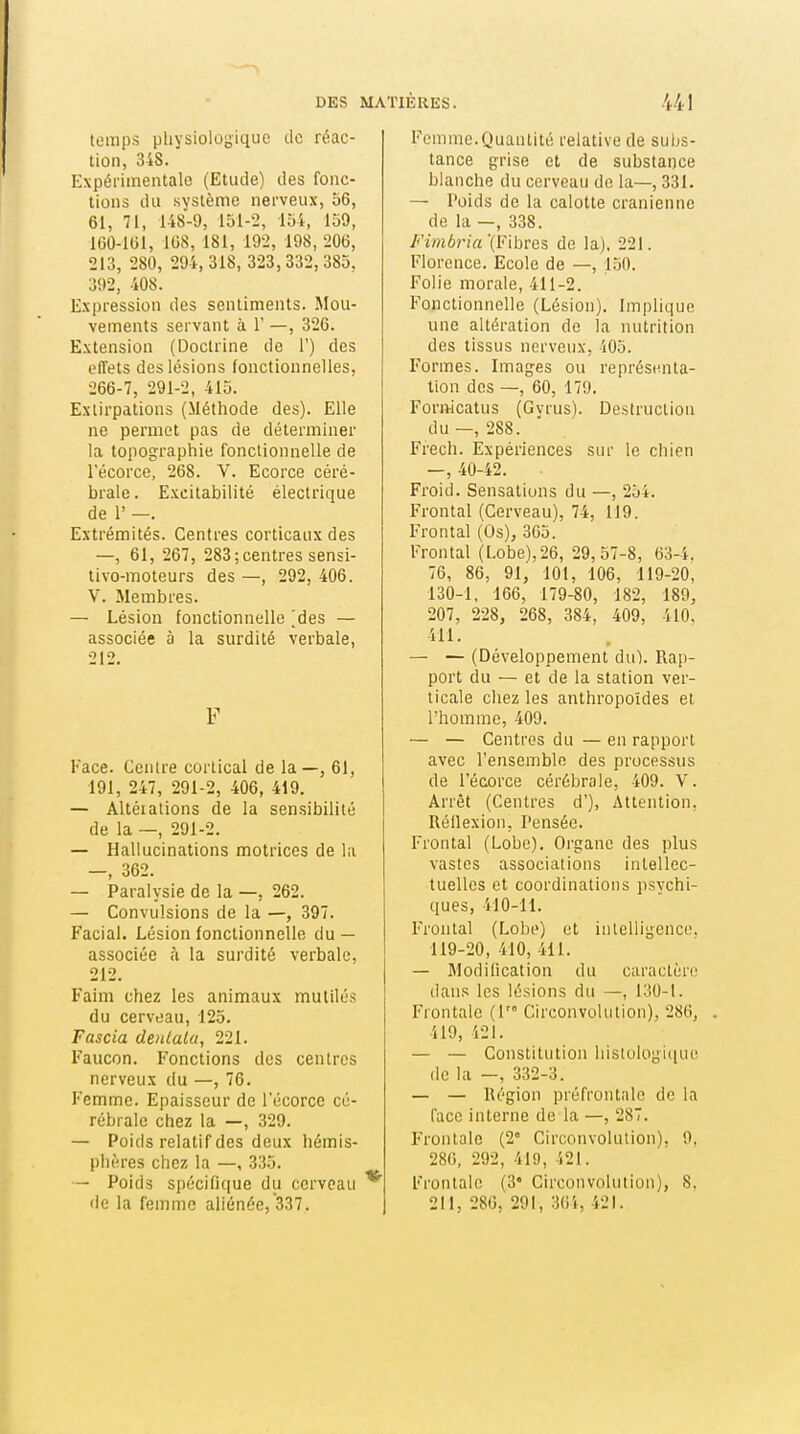 temps physiologique de réac- tion, 348. Expérimentale (Etude) des fonc- tions du système nerveux, 56, 61, 71, 148-9, 151-2, 154, 159, 160-161, 168, 181, 192, 198, 206, 213, 280, 294, 318, 323,332, 385, 392, 408. Expression des sentiments. Mou- vements servant à 1' —, 326. Extension (Doctrine de 1') des effets des lésions fonctionnelles, 266-7, 291-2, 415. Extirpations (Méthode des). Elle ne permet pas de déterminer la topographie fonctionnelle de l'écorce, 268. V. Ecorce céré- brale. Excitabilité électrique de 1' —. Extrémités. Centres corticaux des —, 61, 267, 283 ; centres sensi- tivo-moteurs des —, 292, 406. V. Membres. — Lésion fonctionnelle ;des — associée à la surdité verbale, 212. F Face. Centre cortical de la—, 61, 191, 247, 291-2, 406, 419. — Altéiations de la sensibilité de la —, 291-2. — Hallucinations motrices de la —, 362. — Paralysie de la —, 262. — Convulsions de la —, 397. Facial. Lésion fonctionnelle du — associée à la surdité verbale, 212. Faim chez les animaux mutilés du cerveau, 125. Fascia denlaiu, 221. Faucon. Fonctions des centres nerveux du —, 76. Femme. Epaisseur de l'écorce cé- rébrale chez la —, 329. — Poids relatif des deux hémis- phères chez la —, 335. — Poids spécifique du cerveau de la femme aliénée, 337. Femme.Quantité relative de subs- tance grise et de substance blanche du cerveau de la—, 331. — Poids de la calotte crânienne de la —, 338. /''m6ri«'(Fibres de la), 221. Florence. Ecole de —, 150. Folie morale, 411-2. Fonctionnelle (Lésion). Implique une altération de la nutrition des tissus nerveux, 405. Formes. Images ou représenta- tion des —, 60, 179. Formcatus (Gvrus). Destruction du—, 288. Frech. Expériences sur le chien — , 40-42. Froid. Sensations du —, 254. Frontal (Cerveau), 74, 119. Frontal (Os), 365. Frontal (Lobe),26, 29,57-8, 63-4. 76, 86, 91, 101, 106, 119-20, 130-1, 166, 179-80, 182, 189, 207, 228, 268, 384, 409, 410, 411. — — (Développement du). Rap- port du — et de la station ver- ticale chez les anthropoïdes et l'homme, 409. — — Centres du — en rapport avec l'ensemble des processus de l'écorce cérébrale, 409. V. Arrêt (Centres d'), Attention, Réllexion, Pensée. Frontal (Lobe). Organe des plus vastes associations intellec- tuelles et coordinations psychi- ques, 410-11. Frontal (Lobe) et intelligence. 119-20, 410, 411. — Modification du caractère dans les lésions du —, 130-1. Frontale (1'° Circonvolution), 286, 419, 421. — — Constitution histologique (le la —, 332-3. — — Région préfrontale de la face interne de la —, 287. Frontale (2° Circonvolution), 9, 286, 292, 419, 421. Frontale (3* Circonvolution), 8, 211, 286, 291, 364, 421.