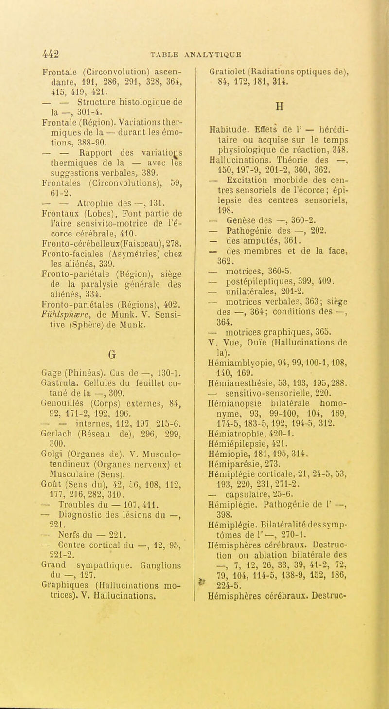 Frontale (Circonvolution) ascen- dante, 191, 286, 291, 328, 364, 415, 419, 421. — — Structure histologique de la —, 301-4. Frontale (Région). Variations ther- miques de la — durant les énno- tions, 388-90. — — Rapport des variatiojis lliermiques de la — avec les suggestions verbales, 389. Frontales (Circonvolutions), 59, 61-2. — — Atrophie des —, 131. Frontaux (Lobes), Font partie de l'aire sensivito-motrice de l'é- corce cérébrale, 410. Fronto-cérébelleux(Faisceau),278. Fronto-faciales (Asymétries) chez les aliénés, 339. Fronto-pariétale (Région), siège de la paralysie générale des aliénés, 334. Fronto-pariétales (Régions), 402. Fûhlsphasrc, de Munk. V. Sensi- tive (Sphère) de Munk. G Gage (Phinéas). Cas de —, 130-1. Gastrula. Cellules du feuillet cu- tané de la —, 309. Genouillés (Corps) externes, 84, 92, 171-2, 192, 19G. — — internes, 112, 197 215-6. Gerlach (Réseau de), 296, 299, 300. Golgi (Organes de). V. Musculo- tendineux (Organes nerveux) et Musculaire (Sens). Goût (Sens du), 42, L6, 108, 112. 177, 216, 282, 310. — Troubles du — 107, 411. — Diagnostic des lésions du —, 221. — Nerfs du —221. — Centre cortical du —, 12, 95, 221-2. Grand sympathique. Ganglions du —, 127. Graphiques (Hallucinations mo- trices). V. Hallucinations. Gratiolet (Radiations optiques de), 84, 172, 181, 314. H Habitude. Effets de 1' — hérédi- taire ou acquise sur le temps physiologique de réaction, 348. Hallucinations. Théorie des —, 150,197-9, 201-2, 360, 362. — Excitation morbide des cen- tres sensoriels de l'écorce; épi- lepsie des centres sensoriels, 198. — Genèse des —, 360-2. — Pathogénie des —, 202. — des amputés, 361. — des membres et de la face, 362. — motrices, 360-5. — postépileptiques, 399, 409. — unilatérales, 201-2. — motrices verbales, 363 ; siège des —, 364; conditions des —, 364. — motrices graphiques, 365. V. Vue, Ouïe (Hallucinations de la). Hémiamblyopie, 94,99,100-1,108, 140, 169. Hémianesthésie, 53,193, 195,288. — sensitivo-sensorielle, 220. Hémianopsie bilatérale homo- nyme, 93, 99-100, 104, 169, 174-5,183-5,192, 194-5, 312. Hémiatrophie, 420-1. Hémiépilepsie, 421. Hémiopie, 181, 195, 314. Hémiparésie, 273. Hémiplégie corticale, 21, 24-5,53, 193, 220, 231,271-2. — capsulaire, 25-6. Hémiplégie. Palhogénie de 1 —, 398. Hémiplégie. Bilaléralité dessymp- tômes de r—, 270-1. Hémisphères cérébraux. Destruc- tion ou ablation bilatérale des -, 7, 12, 26, 33, 39, 41-2, 72, 79, 104, 114-5, 138-9, 152, 186, ^ 224-5. Hémisphères cérébraux. Deslruc-