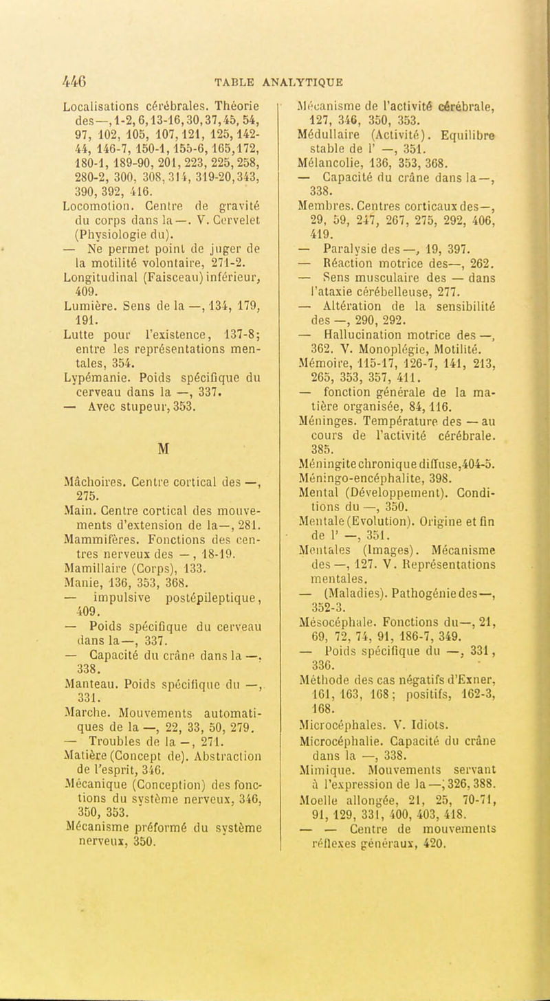 Localisations cérébrales. Théorie des—, 1-2,6,13-16,30,37,45, 54, 97, 102, 105, 107,121, 125, 142- 44, 146-7, 150-1,155-6,165,172, 180-1, 189-90, 201, 223, 225, 258, 280-2, 300, 308,314, 319-20,343, 390, 392, 416. Locomotion. Centre de gravité du corps dans la—. V. Cervelet (Physiologie du). — Ne permet point de juger de la motilité volontaire, 271-2. Longitudinal (Faisceau) inférieur, 409. Lumière. Sens de la —, 134, 179, 191. Lutte pour l'existence, 137-8; entre les représentations men- tales, 354. Lypémanie. Poids spécifique du cerveau dans la —, 337. — Avec stupeur, 353. M .Mâchoires. Centre cortical des —, 275. Main. Centre cortical des mouve- ments d'extension de la—, 281. Mammifères. Fonctions des cen- tres nerveux des — , 18-19. Mamillaire (Corps), 133. Manie, 136, 353, 368. — impulsive postépileptique, 409. — Poids spécifique du cerveau dans la—, 337. — Capacité du crâne dans la —. 338, Manteau. Poids spécifique du —, 331. Marche. Mouvements automati- ques de la —, 22, 33, 50, 279. — Troubles de la - , 271. Matière (Concept de). Abstraction de l'esprit, 340. Mécanique (Conception) des fonc- tions du svstème nerveux, 340, 350, 353. Mécanisme préformé du système nerveux, 350. .Mécanisme de l'activité cérébrale, 127, 346, 350, 353. Médullaire (Activité). Equilibre stable de 1' —, 351. Mélancolie, 136, 353, 368. — Capacité du crâne dans la—, 338. Membres. Centres corticaux des—, 29, 59, 247, 267, 275, 292, 406, 419. — Paralysie des—, 19, 397. — Réaction motrice des—, 262. — Sens musculaire des — dans l'ataxie cérébelleuse, 277. — Altération de la sensibilité des —, 290, 292. — Hallucination motrice des —, 362. V. Monoplégie, Motilité. Mémoire, 115-17, 126-7, 141, 213, 265, 353, 357, 411. — fonction générale de la ma- tière organisée, 84,116. Méninges. Température des — au cours de l'activité cérébrale. 385. Méningitechroniquediffuse,404-5. Méningo-encéphalite, 398. Mental (Développement). Condi- tions du —, 350. Mentale (Evolution). Origine et fin de 1' —, 351. Mentales (Images). Mécanisme des—, 127. V. Représentations mentales. — (Maladies). Pathogénie des—, 352-3. Mésocéphale. Fonctions du—, 21, 69, 72, 74, 91, 186-7, 349. — Poids spécifique du —, 331, 336. Méthode des cas négatifs d'Exner, 161, 163, 168: positifs, 162-3, 168. Microcéphales. V. Idiots. Microcéphalie. Capacité du crâne dans la —, 338. Mimique. .Alouvements servant à l'expression de la—;326,388. Moelle allongée, 21, 25, 70-71, 91, 129, 331, 400, 403, 418. — — Centre de mouvements réiloxes généraux, 420.