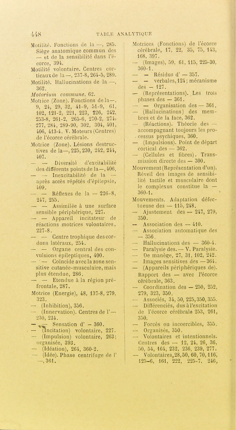 Molilili'. roncliûiis de la —, 285. Siège aiiatomique commun des — et de la sensibilité dans l'i'- corce, 394. Molilité volontaire. Centres cor- ticaux de la—, 237-8, 264-.5, 280. Motilitô. Hallucinations de la —, 362. Molorium commune. 62. .\fotiice (Zone). Fonctions delà—, f), 2i, 29, 32, 41-9, 51-9, 01, 102, 121-2, 221, 223, 226, 242, 253-8, 261-2, 26.5-6, 270-2, 274, ■ 277, 284, 289-90, 302, 304, 401, 406, 413-4. V. Moteurs (Centres) de l'écorce cérébrale. Motrice (Zone). Lésions destruc- tives de la—, 225,230, 242, 244, 407. — — Diversité d'excitabilité des différents points de la—, 406. — — Inexcitabilité de la — après accès répétés d'épilepsie, 409. — — Réflexes de la — 226-8, 247, 255. — — Assimilée à une surface sensible périphérique, 227. — — Appareil incitateur de réactions motrices volontaires, 227-8. — — Centre trophique des cor- dons latéraux, 254. — — Organe central des con- vulsions épileptiques, 400. — — Coïncide avec la zone sen- sitive cutanée-musculaire, mais plus étendue, 286. — — Etendue à la région pré- frontale, 287. Motrice (Energie), 48, 137-8, 279. 323. — (Inhibition), 356. — (Innervation). Centres de 1' — 230, 234. — Sensation d' - 360. — (Incitation) volontaire, 227. — (Impulsion) volontaire, 263; organisée, 393. — (Idéation), 264, 360-2. — (Idée). Phase centrifuge de 1' —,361. Motrices (Fonctions) de l'écorce cérébrale, 17. 22, 35, 75, 143, 168, 397. — (Images), 59. 61. 115, 225-30. 300-1. — - Résidus d' — 357. — — Yerbales,124; mécanisme des - 127. — (Représentations). Les trois phases des — 361. — — Organisation des—361. — (Hallucinations) des mem- j bres et de la face, 362. ! — (Réactions). Théorie des — ! accompagnant toujours les pro- j . cessus psychiques, 360. — (Impulsions). Point de départ cortical des — 362. — (Cellules et fibres). Trans- mission directe des — 300. ! .Mouvement(Représentation d'un). i Réveil des images de sensibi- lité tactile et musculaire dont le complexus constitue la — 360-1. Mouvements. Adaptation défec- tueuse des — 115, 248. — Ajustement des — 247, 279, 350. — Association des — 410. — Association automatique des — 356. — Hallucinations des — 360-4. — Paralysie des. — V. Paralvsie. — Oe manège, 27, 31, 102, 242. — Images sensitives des —364. — (Appareils périphériques de). Rapport des — avec l'écorce j cérébrale, 363. — Coordination des — 250, 252, 279, 323, 350. — Associés, 34, 50, 225,350,355. — Différenciés, dus à l'excitation de l'écorce cérébrale 253, 261, 350. — Forcés ou incoercibles, 355. — Organisés, 350. — Volontaires et intentionnels, r.cntres des — 12. 24, 26, 36. .50, 54, lOi, 232, 236, 239, 277. — Volontaires,28,50, 60, 70,116, 12.5-6, 161, 222, 225-7, 246,