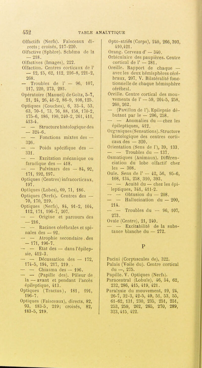 Olfactifs (Nerfs). Faisceaux di- rects; croisés, 217-220. Olfactive (Sphère). Schéma de la — 218. Olfactives (Images), 222. Olfaction. Centres corticaux de 1' — 12, 15, 62, 112, 216-8, 221-2, 268. — Troubles de 1' - 96, 107, 217, 220, 273, 293. Opératoire (Manuel) deGoltz, 5-7, 21, 24, 26,41-2, 86-9, 108,125. Optiques (Couches), 6, 33-4, 53, 63, 70-1, 73, 76, 88, 158, 170-2, 175-6, 186, 190,240-2, 261,411, 413-4. — — Structure histologique des — 324-6. — — Fonctions mixtes des — 326. — — Poids spécifique des — 331. — — Excitation mécanique ou faradique des — 418. — — Pulvinars des — 84, 92, 171, 192, 197. Optiques (Centres) infracorticaux, 197. Optiques (Lobes), 69, 71, 186. Optiques (Nerfs). Centres des — 70, 170, 219. Optiques (Nerfs), 84, 91-2, 104, 112, 171, 196-7, 207. — — Origine et parcours des — 216, — — Racines cérébrales et spi- nales des — 92. — — Atrophie secondaire . des — 171, 196-7. — — Etat des — dans l'épilep- sie, 412-3. — — Décussation des — 172, 174-5, 194, 217, 219. . — — Chiasma des — 196. — — (Papille des). Pâleur de la — avant et pendant l'accès épiloptique, 413. Optiques (Traclus), 181, 191, 196-7. Optiques (Faisceaux), directs, 82, 93, 183-5, 219; croisés, 82, 183-5, 219. Opto-slriés (Corps), 240, 266,393, 410,421. Orang. Cerveau d' — 340. Orbiculaire des paupières. Centre cortical de 1' — 281. Oreille. Rapport de cha([ue — avec les deux hémisphères céré- braux, 207, V. Bilatéralité fonc- tionnelle de chaque hémi-sphère cérébral. Oreille. Centre cortical des mou- vements de r — 59, 204-5, 258, 260, 262. — (Pavillon de 1'). Epilepsie dé- butant par le — 206, 258. — — Anomalies du—chez les épileptiques, 412. Organiques (Sensations). Structure histologique des centres corti- caux des — 320. Orientation (Sens de 1'), 39, 133. — — Troubles du — 137. Osmatiques (Animaux). Différen- ciation du lobe olfactif chez les — 308. Ouïe. Sens de 1' — 42, 56, 95-6, 108, 134, 258, 310, 393. — — Acuité du — chez les épi- leptiques, 341, 411-2. — — Obtusion du — 208. — — Hallucination du — 200, 214. — — Troubles du — 96, 107, 273. Ovale (Centre), 21, 240. — — Excitabilité de la subs- tance blanche du — 272. P Pacini (Corpuscules de), 322. Palais (Voile du). Centre cortical du —, 275. Papille. V. Optiques (Nerfs). Paracentral (Lobule), 46, 54, 62, 232,286, 415, 419, 421. Paralysie du mouvement, 19, 24, 26-7, 32-3, 42-5, 49, 51, 53, 55, 61-62, 131, 230, 235, 251, 251, 253, 259, 262, 265, 270, 289, 323,415, 422.