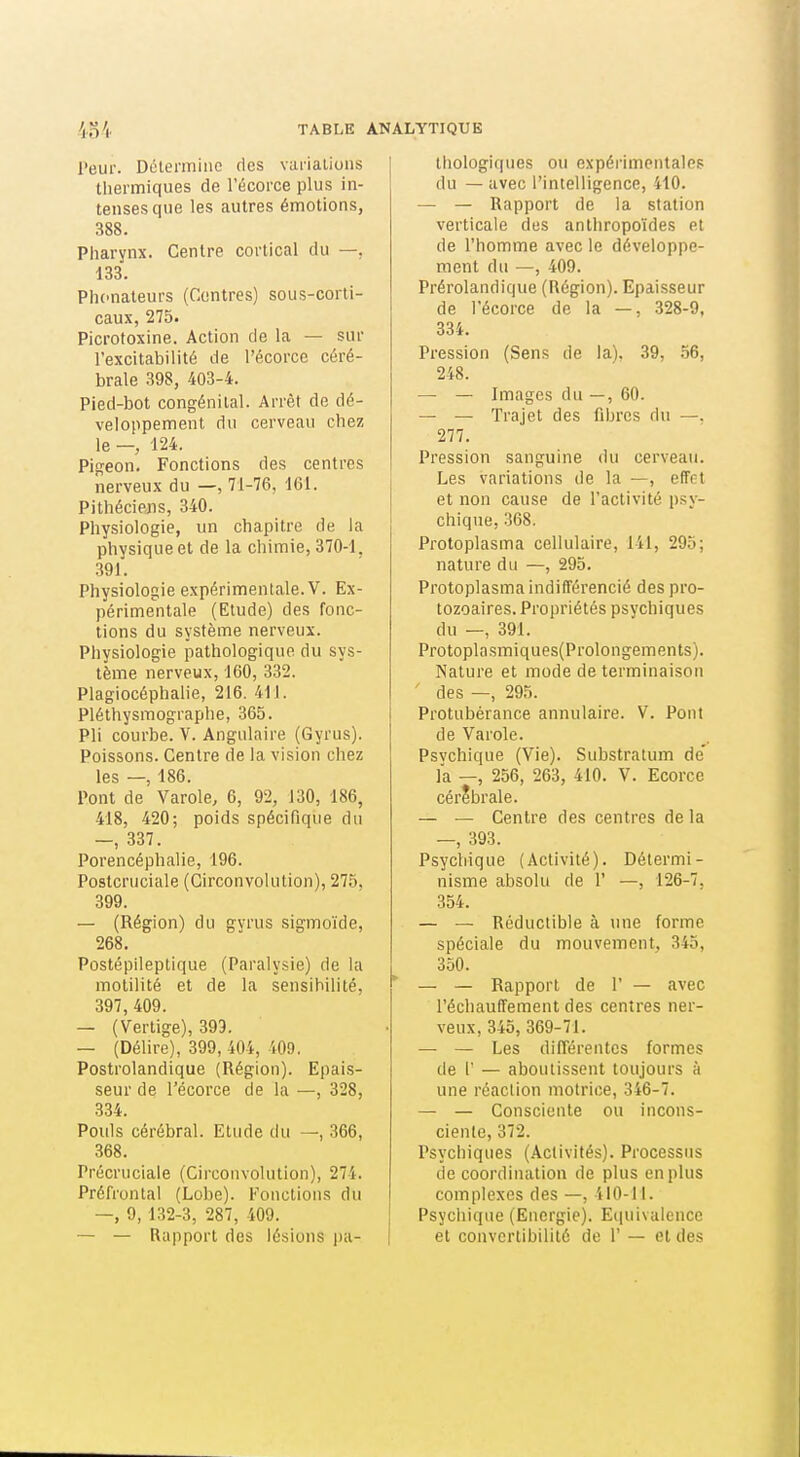 Peur. Détermine des variations thermiques de l'écorce plus in- tenses que les autres émotions, 388. Pharynx. Centre cortical du —, 133. Phcnateurs (Contres) sous-corti- caux, 275. Picrofoxine. Action de la — sur l'excitabilité de l'écorce céré- brale 398, 403-4. Pied-bot congénital. Arrêt de dé- veloppement du cerveau chez le —, 124. Pigeon. Fonctions des centres nerveux du —, 71-76, 161. Pithéciens, 340. Physiologie, un chapitre de la physique et de la chimie, 370-1, 391. Physiologie expérimentale. V. Ex- périmentale (Etude) des fonc- tions du système nerveux. Physiologie pathologique du sys- tème nerveux, 160, 332. Plagiocéphalie, 216. 411. Pléthysmographe, 365. Pli courbe. V. Angulaire (Gyrus). Poissons. Centre de la vision chez les —, 186. Pont de Varole, 6, 92, 130, 186, 418, 420; poids spécifique du —, 337. Porencéphalie, 196. Postcruciale (Circonvolution), 275, 399. — (Région) du gyrus sigmoïde, 268. Postépileptique (Paralysie) de la motilité et de la sensibilité, 397, 409. — (Vertige), 393. — (Délire), 399, 404, 409. Postrolandique (Région). Epais- seur de l'écorce de la —, 328, 334. Pouls cérébral. Etude du —, 366, 368. Précruciaie (Circonvolution), 274. Préfrontal (Lobe). Fonctions du —, 9, 1.32-3, 287, 409. — — Rapport des lésions i)a- thologiques ou expérimentales du — avec l'intelligence, 410. — — Rapport de la station verticale dus anthropoïdes et de l'homme avec le développe- ment du —, 409. Prérolandique (Région). Epaisseur de l'écorce de la —, .328-9, 334. Pression (Sens de la). 39, .56, 248. — — Images du —, 60. — — Trajet des fibres du —. 277. Pression sanguine du cerveau. Les variations de la —, effet et non cause de l'activité psy- chique, 368. Protoplasma cellulaire, 141, 295; nature du —, 295. Protoplasma indifférencié des pro- tozoaires. Propriétés psychiques du —, 391. Protoplasmiques(Prolongements). Nature et mode de terminaison ' des —, 295. Protubérance annulaire. V. Pont de Varole. Psvchique (Vie). Substratum de la —, 256, 263, 410. V. Ecorce cérébrale. — — Centre des centres de la —, 393. Psychique (Activité). Détermi- nisme absolu de 1' —, 126-7, 354. — — Réductible à une forme spéciale du mouvement, 345, 350. — — Rapport de 1' — avec l'échauffement des centres ner- veux, 345, 369-71. — — Les différentes formes de r — aboutissent toujours à une réaction motrice, 346-7. — — Consciente ou incons- ciente, 372. Psychiques (Activités). Processus de coordination de plus en plus complexes des —, 410-11. Psychique (Energie). E(|uivalcncc et convertibilité de 1' — et des