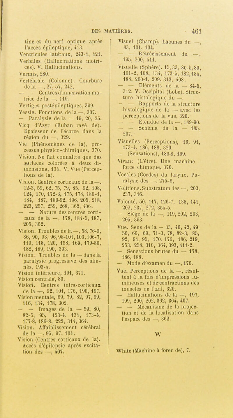 line et du nerf optique après l'accès épileptiqiie, 413. Ventricules latéraux, 243-4, 421. Verbales (Hallucinations motri- ces). V. Hallucinations. Verrais, 280. Vertébrale (Colonne). Courbure de la —, 27, 57, 242. — - Centres d'innervation mo- trice de la —. 119. Vertiges postépileptiques, 399. Vessie. Fonctions de la —, 307. — Paralysie de la — 19, 20, 25. Vicq d'Azyr (Ruban rayé de). Epaisseur de l'écorce dans la région du —, 329. Vie (Phénomènes de la), pro- cessus physico-chimiques, 370. Vision. Ne fait connaître que des surfaces colorées à deux di- mensions, 134. V. V^ue (Percep- tions de la). Vision. Centres corticaux de la—. 12-3, 59, 62, 75, 79, 85, 92, 108, 124, 170, 172-3, 175, 178, 180-1, 184, 187, 189-92, 196, 205, 218, 223, 257, 259, 268, 362, 406. — — Nature des centres corti- caux de la —, 178, 184-5, 187, 205, 362. Vision. Troubles de la —, 58,76-9, 86, 90, 93, 96,98-101,103,106-7, 110, 118, 120, 158, 169, 179-80, 182, 189, 190, 393. Vision. Troubles de la — dans la paralysie progressive des alié- nés, 193-4. Vision intérieure, 191, 371. Vision centrale, 83. Vision. Centres infra-corticaux de la —, 92, 101, 176, 190, 197. Vision mentale, 69, 79, 82, 97,99, 116, 134, 178, 302. — — Images de la — 59, 80, 82-5. 95, 123-4, 134, 173-4, 177-8, 186-8, 222, 314, 364. Vision. Affaiblissement cérébral de la - ,95, 97, 104. Vision (Centres corticaux de la). Accès d'épilepsie après excita- tion des —, 407. Visuel (Champ). Lacunes du —, 83, 101, 104. — — Rétrécissement du —, 195, 200, 411. Visuelle (Sphère). 15,33, 80-5,89, 101-2, 108, 134, 173-5, 182,184, 188, 200-1, 209, 312, 408. — — Eléments de la — 84-5, 312. V. Occipital (Lobe). Struc- ture histologique du —. — — Rapports de la structure histologique de la — avec les perceptions de la vue, 320. — — Etendue de la —, 189-90. — — Schéma de la — 185, 207, Visuelles (Perceptions). 13, 91, 173-4, 186, 188, 320. — (Sensations), 186-8, 199. Vivant (L'être). Une machine force chimique, 370. Vocales (Cordes) du larynx. Pa- ralysie des —, 275-6, Vohtions.Substratum (les —, 203, 237, 346. Volonté, 50, 117, 126-7, 138, 141 202, 237, 272, 354-5. ' — Siège de la —, 119, 202, 203, 205, 393. Vue. Sens de la - 33, 40, 42, 49, 56, 66, 69, 71-3, 78, 82-3, 85, 92, 94, 95, 170, 176, 186, 219, 253, 258, 310, 364, 393, 411-2. — Sensations brutes du — 178, 186,188. — Mode d'examen du —, 176. Vue. Perceptions de la —, résul- tent à la fois d'impressions lu- mineuses et de contractions des muscles de l'oeil, 320. — Hallucinations de la —, 197, 199, 200, 202, 362, 364, 407. — — Mécanisme de la projec- tion et de la localisation dans l'espace des —, 362. w White (Machine à forer de), 7.