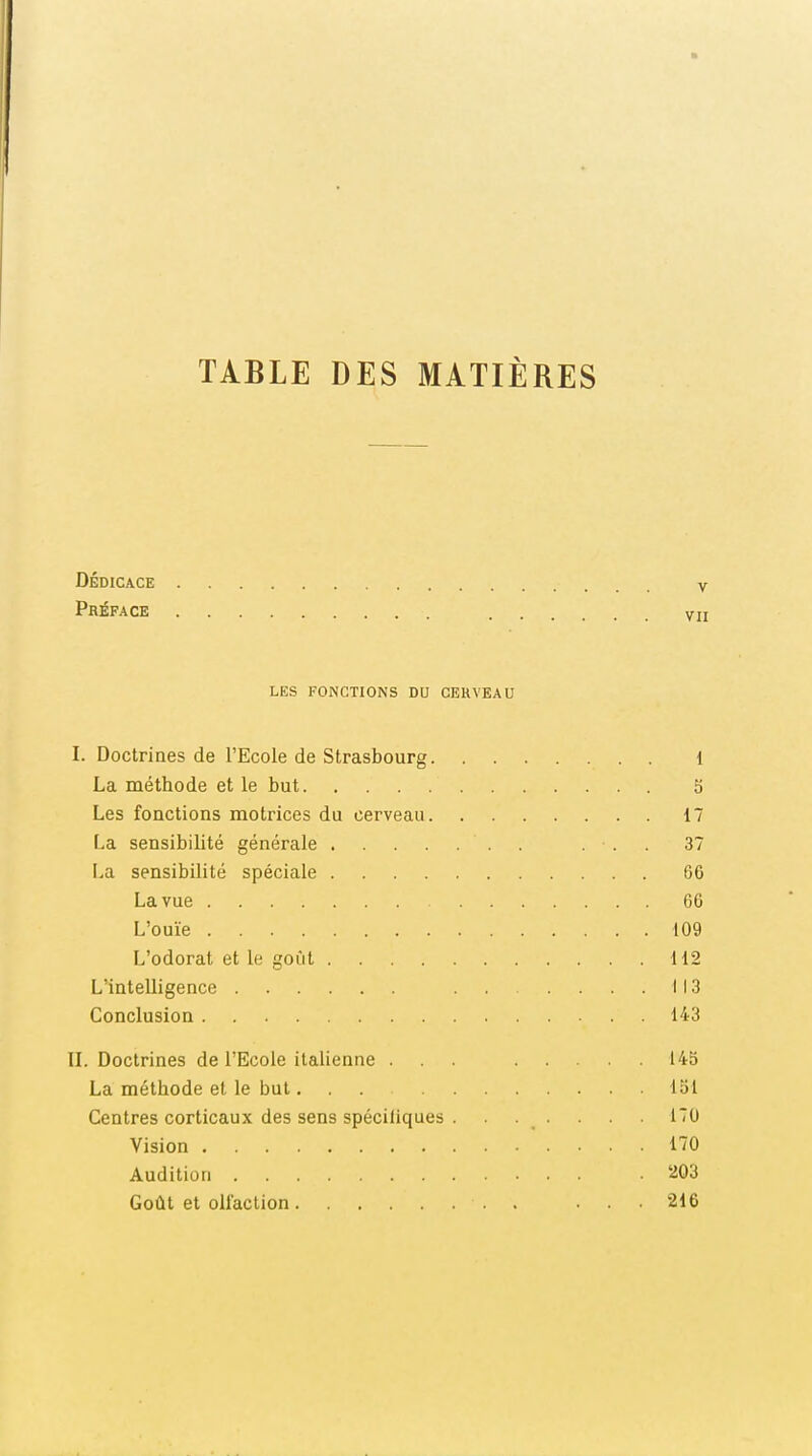 TABLE DES MATIÈRES DÉDICACE V Préface vu LES FONCTIONS DU CERVEAU I. Doctrines de l'Ecole de Strasbourg i La méthode et le but S Les fonctions motrices du cerveau 17 La sensibilité générale . ... 37 La sensibilité spéciale 66 La vue 66 L'ouïe 109 L'odorat et le goût 112 L'intelligence 113 Conclusion 143 IL Doctrines de l'Ecole italienne ... 145 La méthode et le but... 151 Centres corticaux des sens spécifiques . 170 Vision 170 Audition 203 Goût et olfaction 216