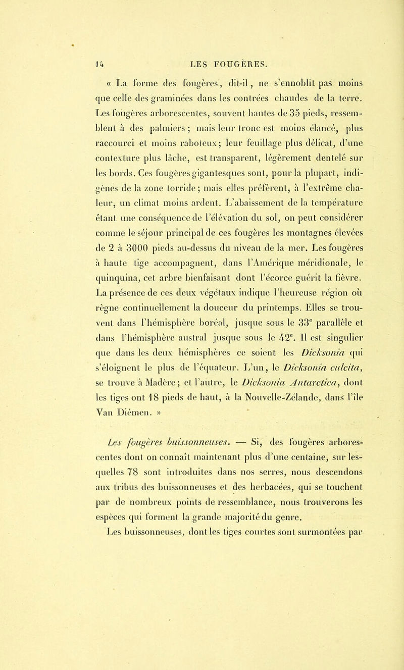 « La forme des fougères, dit-il, ne s'ennoblit pas moins que celle des graminées dans les contrées chaudes de la terre. Les fougères arborescentes, souvent hautes de 35 pieds, ressem- blent à des palmiers ; mais leur tronc est moins élancé, plus raccourci et moins raboteux; leur feuillage plus délicat, d'une contexture plus lâche, est transparent, légèrement dentelé sur les bords. Ces fougères gigantesques sont, pour la plupart, indi- gènes de la zone lorride; mais elles préfèrent, à l'extrême cha- leur, un climat moins ardent. L'abaissement de la température étant une conséquence de l'élévation du sol, on peut considérer comme le séjour principal de ces fougères les montagnes élevées de 2 à 3000 pieds au-dessus du niveau de la mer. Les fougères à haute tige accompagnent, dans l'Amérique méridionale, le quinquina, cet arbre bienfaisant dont l'écorce guérit la fièvre. La présence de ces deux végétaux indique l'heureuse région où règne continuellement la douceur du printemps. Elles se trou- vent dans l'hémisphère boréal, jusque sous le 33e parallèle et dans l'hémisphère austral jusque sous le 42°. Il est singulier que dans les deux hémisphères ce soient les Dicksonia qui s'éloignent le plus de l'équateur. L'un, le Dicksonia culcita, se trouve à Madère; et l'autre, le Dicksonia Jntarctica, dont les tiges ont 18 pieds de haut, h la Nouvelle-Zélande, dans l'île Van Diémen. » Les fougères buissonneuses. — Si, des fougères arbores- centes dont on connaît maintenant plus d'une centaine, sur les- quelles 78 sont introduites dans nos serres, nous descendons aux tribus des buissonneuses et des herbacées, qui se touchent par de nombreux points de ressemblance, nous trouverons les espèces qui forment la grande majorité du genre. Les buissonneuses, dont les tiges courtes sont surmontées par