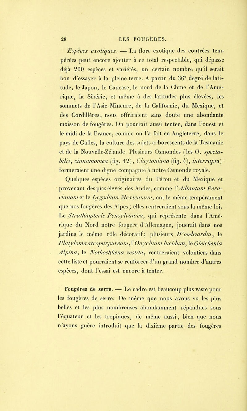 Espèces exotiques. — La flore exotique des contrées tem- pérées peut encore ajouter à ce total respectable, qui dépasse déjà 200 espèces et variétés, un certain nombre qu'il serait bon d'essayer à la pleine terre. A partir du 36e degré de lati- tude, le Japon, le Caucase, le nord de la Chine et de l'Amé- rique, la Sibérie, et même à des latitudes plus élevées, les sommets de l'Asie Mineure, de la Californie, du Mexique, et des Cordillères, nous offriraient sans doute une abondante moisson de fougères. On pourrait aussi tenter, dans l'ouest et le midi de la France, comme on l'a fait en Angleterre, dans le pays de Galles, la culture des sujets arborescents de la Tasmanie et de la Nouvelle-Zélande. Plusieurs Osmondes (les O. specla- bilis, cinnamornea (fig. 12), Clajtoniana (fig. 4), interrupta) formeraient une digne compagnie à notre Ostnonde royale. Quelques espèces originaires du Pérou et du Mexique et provenant des pics élevés des Andes, comme XAdiantum Peru- vianum et le Lygodium Mexicanurn, ont le même tempérament que nos fougères des Alpes; elles rentreraient sous la même loi. Le Struthiopteris Pensylvanica, qui représente dans l'Amé- rique du Nord notre fougère d'Allemagne, jouerait dans nos jardins le même rôle décoratif; plusieurs Woodwardia, le Platylomaatropurpiireum,1'Onychium lucidum, le Gleichenia Alpina, le Nothochlœna vestita, rentreraient volontiers clans cette liste et pourraient se renforcer d'un grand nombre d'autres espèces, dont l'essai est encore à tenter. Fougères de serre. — Le cadre est beaucoup plus vaste pour les fougères de serre. De même que nous avons vu les plus belles et les plus nombreuses abondamment répandues sous l'équateur et les tropiques, de même aussi, bien que nous n'ayons guère introduit que la dixième partie des fougères