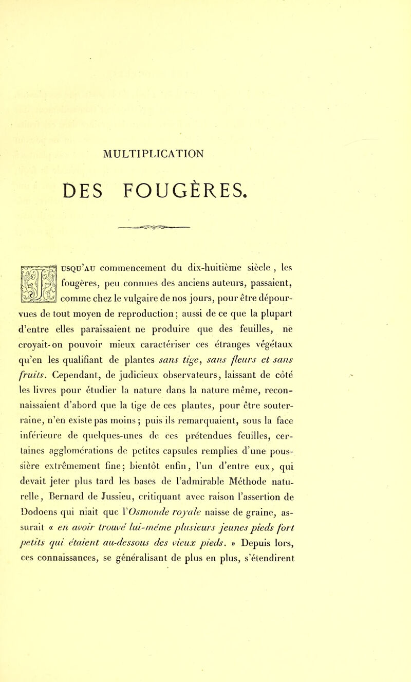 DES FOUGÈRES. mPI usqu'au commencement du dix-huitième siècle , les ff^fj fougères, peu connues des anciens auteurs, passaient, comme chez le vulgaire de nos jours, pour être dépour- vues de tout moyen de reproduction ; aussi de ce que la plupart d'entre elles paraissaient ne produire que des feuilles, ne croyait-on pouvoir mieux caractériser ces étranges végétaux qu'en les qualifiant de plantes sans tige, sans fleurs et sans fruits. Cependant, de judicieux observateurs, laissant de côté les livres pour étudier la nature dans la nature même, recon- naissaient d'abord que la tige de ces plantes, pour être souter- raine, n'en existe pas moins ; puis ils remarquaient, sous la face inférieure de quelques-unes de ces prétendues feuilles, cer- taines agglomérations de petites capsules remplies d'une pous- sière extrêmement fine; bientôt enfin, l'un d'entre eux, qui devait jeter plus tard les bases de l'admirable Méthode natu- relle, Bernard de Jussieu, critiquant avec raison l'assertion de Dodoens qui niait que Y Os monde royale naisse de graine, as- surait « en avoir trouvé lui-même plusieurs jeunes pieds fort petits qui étaient au-dessous des vieux pieds. » Depuis lors, ces connaissances, se généralisant de plus en plus, s'étendirent