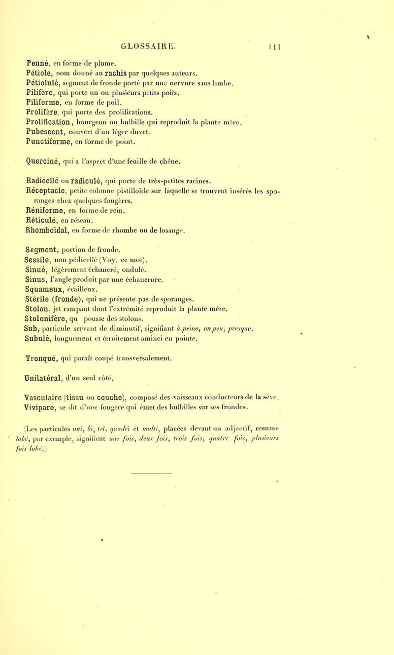 Penné, en forme de plume. Pétiole, nom donné au rachis par quelques auteurs. Pétiolulé, segment de fronde porté par une nervure sans limbe. Pilifère, qui porte un ou plusieurs petits poils. Piliforme, en forme de poil. Prolifère, qui porte des prolifications. Prolification, bourgeon ou bulbille qui reproduit la plante mère. Pubescent, couvert d'un léger duvet. Punctiforme, en forme de point. Querciné, quia l'aspect d'une feuille de chêne. Radicellé ou radiculé, qui porte de très-petites racines. Réceptacle, petite colonne pistilloïde sur laquelle se trouvent insérés les spo- ranges cbez quelques fougères. Réniforme, en forme de rein. Réticulé, en réseau. Rhomboïdal, en forme de rhombe ou de losange. Segment, portion de fronde. Sessile, non pédicellé (Voy. ce mot). Sinué, légèrement échancré, ondulé. Sinus, l'angle produit par une écbancrure. Squameux, écailleux. Stérile (fronde), qui ne présente pas de sporanges. Stolon, jet rampant dont l'extrémité reproduit la plante mère. Stolonifère, qu pousse des stolons. Sub, particule servant de diminutif, signifiant à peine, un peu, presque, Subulé, longuement et étroitement aminci en pointe. Tronqué, qui paraît coupé transversalement. Unilatéral, d'un seul côté. Vasculaire (tissu ou couche), composé des vaisseaux conducteurs de la séve. Vivipare, se dit d'une fougère qui émet des bulbilles sur ses frondes. (Les particules uni, bi, tri, quadrï et multi, placées devant un adjectif, comme lobé, par exemple, signifient une fois, deux fois, trois fois, quatre fois, plusieurs fois lobé.)