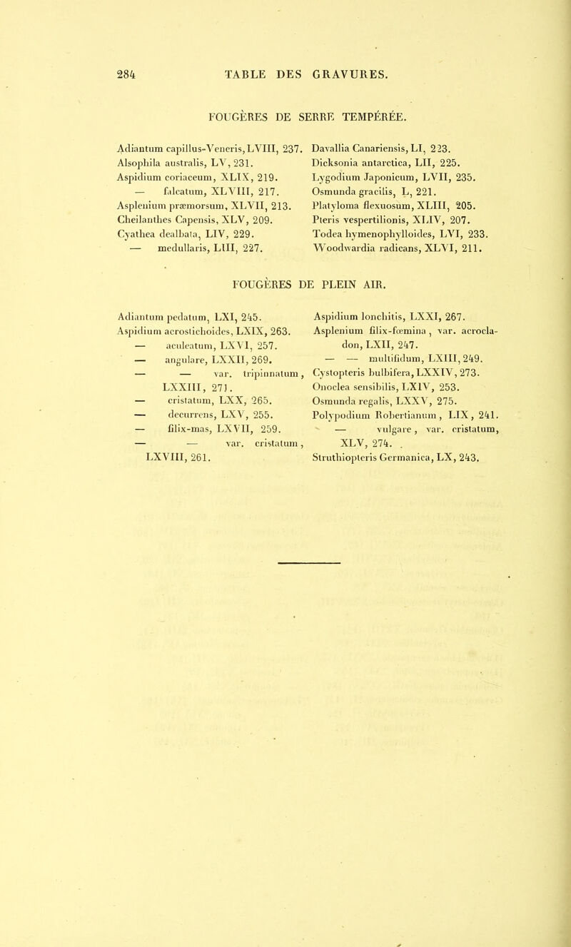 FOUGÈRES DE SERRE TEMPÉRÉE. Adiantum c«*»piIlus-Veneris,LVIII, 237. Alsophila australis, LV, 231. Aspidium coriaceum, XLIX, 219. — fi.lcatum, XLVIII, 217. Aspleniiim praemorsum, XLVII, 213. Cheilanthes Capensis, XLV, 209. Cyathea dealbala, LIV, 229. — medullaris, LUI, 227. Davallia Canariensis, LI, 223. Dicksonia antarctica, LU, 225. Lygodium Japonicum, LVII, 235. Osmunda gracilis, L, 221. Platyloma flexuosum, XLIII, 205. Pleris vespertilionis, XLIV, 207. Todea hymenophylloides, LVI, 233. Woodvvardia radicans, XLVI, 211. FOUGÈRES DE PLEIN AIR. Adiantum pedatum, LXI, 245. Aspidium acroslichoides, LXIX, 263. — aculeatum, LXV1, 257. — angulare, LXXII, 269. — — var. tripinnatum, LXXIII, 27]. — cristatura, LXX, '265. — decurrens, LXV, 255. — Clix-mas, LXVII, 259. — — var. cristatum, LXVIII, 261. Aspidium loncliitis, LXXI, 267. Asplenium filix-fœmina , \ar. acrocla- don, LXII, 247. — — multifidum, LXIII,249. Cystopteris bulbifera,LXXIV, 273. Onoclea sensibilis, LX1V, 253. Osmunda regalis, LXXV, 275. Polypodium Roberlianum , LIX , 241 — vulgare, var. cristatum XLV, 274. . Struthiopieris Germanica, LX, 243.