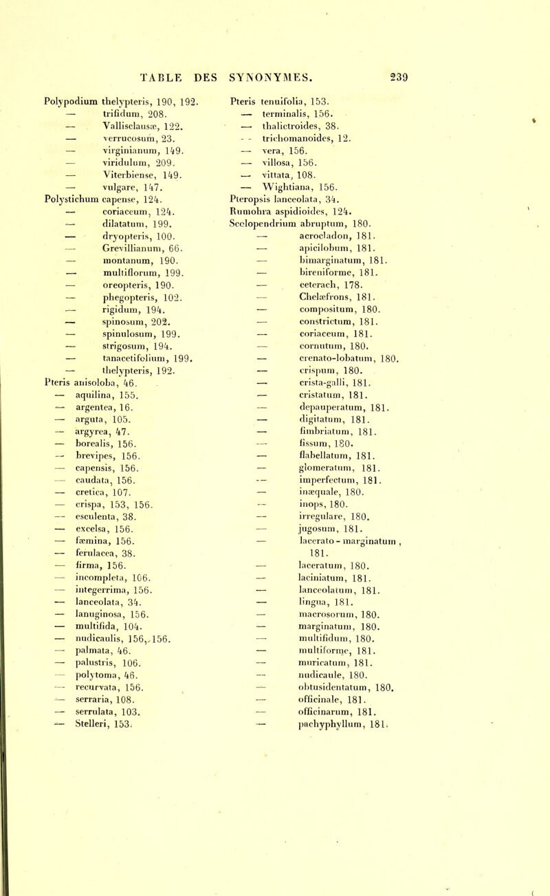 Polypodium thelypteris, 190, 192. Pteris tenuif'olia, 153. — trifîdum, 208. — terminalis, 156. — Vallisclausœ, 122. — tha lictroides, 38. — verrucosum, 23. - - trie homanoides, 12. — virginianum, 149. —■ vera, 156. viridulum, 209. — vill osa , 156. — Viterbiense, 149. —■ vittata 108. vulgare, 147. — Wightiana, 156. Polystichum capense, 124. Pleropsis anceolata, 34. — coriaceum, 124. Runiohra asp dioides, 124. — dilatatum, 199. occlopencl rium abruptum, 180. — dryopteris, 100. — acrocladon, 181. Gre-villianum, 66. — apicilobum, 181. — montanum, 190. — bimarginatum, 181. — mulliflorum, 199. ■— bireniforme, 181. — oreopteris, 190. — ceterach, 178. — phegopteris, 102. — Cheh-cfrons, 181. — rigidum, 194. — compositum, 180. — spinosum, 202. — constrictum, 181. — spinulosum, 199. — coriaceum, 181. — strigosum, 194. — cornutum, 180. — tanacetifolium, 199. — crenato-lobatum, 180. — thelypteris, 192. — erispum, 180. Pteris anisoloba, 46. — crista-galli, 181. — aquilina, 155. — cristatum, 181. — argentea, 16. — depauperatum, 181. — arguta, 105. — digitatum, 181. — argyrea, 47. — fimbriatum, 181. — borealis, 156. — fissum, 180. — brevipes, 156. — flabellatum, 181. — capensis, 156. — glomeratum, 181. — caudata, 156. imperfectum, 181. — cretica, 107. — inœquale, 180. — crispa, 153, 156. — inops, 180. — esculenta, 38. — irregulare, 180. — excelsa, 156. — jugosum, 181. — fœmina, 156. lacerato - marginatum — ferulacea, 38. 181. — firma, 156. laceratum, 180. — incompleta, 106. laciniatum, 181. — integerrima, 156. lanceolatum, 181. ■— lanceolata, 34. lingua, 181. — lanuginosa, 156. macrosorum, 180. — multilida, 104. marginatum, 180. — numcauhs, 15o,,156. multifidum, 180. — palmata, 46. multiforme, 181. — palustris, 106. muricatum, 181. polytoma, 46. nudicaule, 180. — recurvata, 156. obtusidentatum, 180. serraria, 108. officinale, 181. — serrulata, 103. officinarum, 181. — Stelleri, 153. ])achyphyllum, 181.