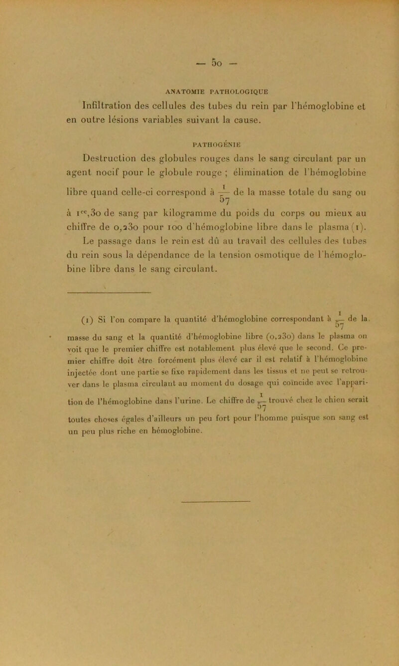 ANATOMIE PATHOLOGIQUE Infiltration des cellules des tubes du rein par l’hémoglobine et en outre lésions variables suivant la cause. PATIIOGENIE Destruction des globules rouges dans le sang circulant par un agent nocif pour le globule rouge ; élimination de l'hémoglobine libre quand celle-ci correspond à de la masse totale du sang ou 07 à i,3o de sang par kilogramme du poids du corps ou mieux au chiffre de 0,380 pour 100 d'hémoglobine libre dans le plasma(i). Le passage dans le rein est dû au travail des cellules des tubes du rein sous la dépendance de la tension osmotique de l'hémoglo- bine libre dans le sang circulant. (i) Si l’on compare la quantité d’hémoglobine correspondant à _ de la. masse du sang et la quantité d’hémoglobine libre (o,a3o) dans le plasma on voit que le premier chiffre est notablement plus élevé que le second. Ce pre- mier chiffre doit être forcément pins élevé car il est relatif à l’hémoglobine injectée dont une partie se fixe rapidement dans les tissus et ne peut se retrou- ver dans le plasma circulant au moment du dosage qui coïncide avec l’appari- tion de l’hémoglobine dans l’urine. Le chiffre de ^ trouvé chez le chien serait toutes choses égales d’ailleurs un peu fort pour l’homme puisque son sang est un peu plus riche en hémoglobine.