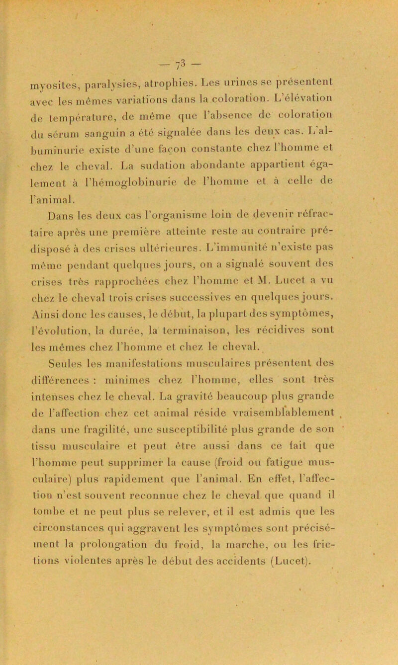 myosites, pai-alysies, atrophies. Les urines se présentent avec les mêmes variations dans la coloration. L’élévation de température, de même que l’absence de coloration du sérum sanguin a été signalée dans les deux cas. L al- buminurie existe d’une iaçon constante chez 1 homme et chez le cheval. La sudation abondante appartient éga- lement à l’hémoglobinurie de riioninie et à celle de l’animal. Dans les deux cas l’organisme loin de devenir réfrac- taire après une première atteinte reste au contraire pré- disposé à des crises ultérieures. L’immunité n’existe pas même pendant quchpies jours, on a signalé souvent des crises très ra[)prochées chez riioinme et M. Lucet a vu chez le cheval trois crises successives en quelques jours. Ainsi donc les causes, le début, la jilupart des symptômes, l’évolution, la durée, la terminaison, les récidives sont les mêmes chez l’homme et chez le cheval. Seules les manifestations musculaires présentent des dilTérences ; minimes chez l’homme, elles sont très intenses chez le cheval. La gravité beaucoup j)lus grande de l’alTection chez cet animal réside vraisemblablement dans une Iragilité, une susceptibilité plus grande de son tissu musculaire et peut être aussi dans ce fait que l’homme peut supjirimer la cause (froid ou fatigue mus- culaire) plus rapidement que l’animal. En effet, l’affec- tion n’est souvent reconnue chez le cheval (|ue quand il tombe et ne peut plus se relever, et il est admis que les circonstances qui aggravent les .symptômes sont précisé- ment la prolongation du froid, la marche, ou les fric- tions violentes après le début des accidents (Lucet).