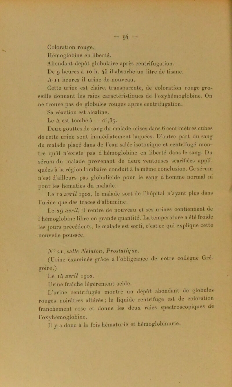 — 9^1 — Coloration rouge. Hémoglobine en liberté. Abondant dépôt globulaire après centrifugation. De 9 heures à lo h. 45 d absorbe un litre de tisane. A II heures il urine de nouveau. Cette urine est claire, transparente, de coloration rouge gro- seille donnant les raies caractéristiques de l’oxyhémoglobine. On ne trouve pas de globules rouges après centrifugation. Sa réaction est alcaline. Le A est tombé à — o®,37. Deux gouttes de sang du malade mises dans 6 centimètres cubes de cette urine sont immédiatement laquées. D’autre part du sang du malade placé dans de l’eau salée isotonique et centrifugé mon- tre qu’il n’existe pas d’hémoglobine en liberté dans le sang. Du sérum du malade provenant de deux ventouses scarifiées appli- quées à la région lombaire conduit à la même conclusion. Ce sérum n’est d’ailleurs pas globulicide pour le sang d’homme normal ni pour les hématies du malade. Le 12 ai'ril 1902, le malade sort de l’hôpital n’ayant plus dans l’urine que des traces d’albumine. Le 29 avril, il rentre de nouveau et ses urines contiennent de l’hémoglobine libre en grande quantité. La température a été froide les jours précédents, le malade est sorti, c’est ce qui explique cette nouvelle poussée. 21, salle Nélalon, Proslalicjue. (Urine examinée grâce à l’obligeance de notre collègue Gré- goire.) Le i4 avril 1902. Urine fraîche légèrement acide. L’urine centrifugée montre un dépôt abondant de globules rouges noirâtres altérés; le liquide centrifugé est de coloration franchement rose et donne les deux raies spectroscopiques de l’oxyhémoglobine.