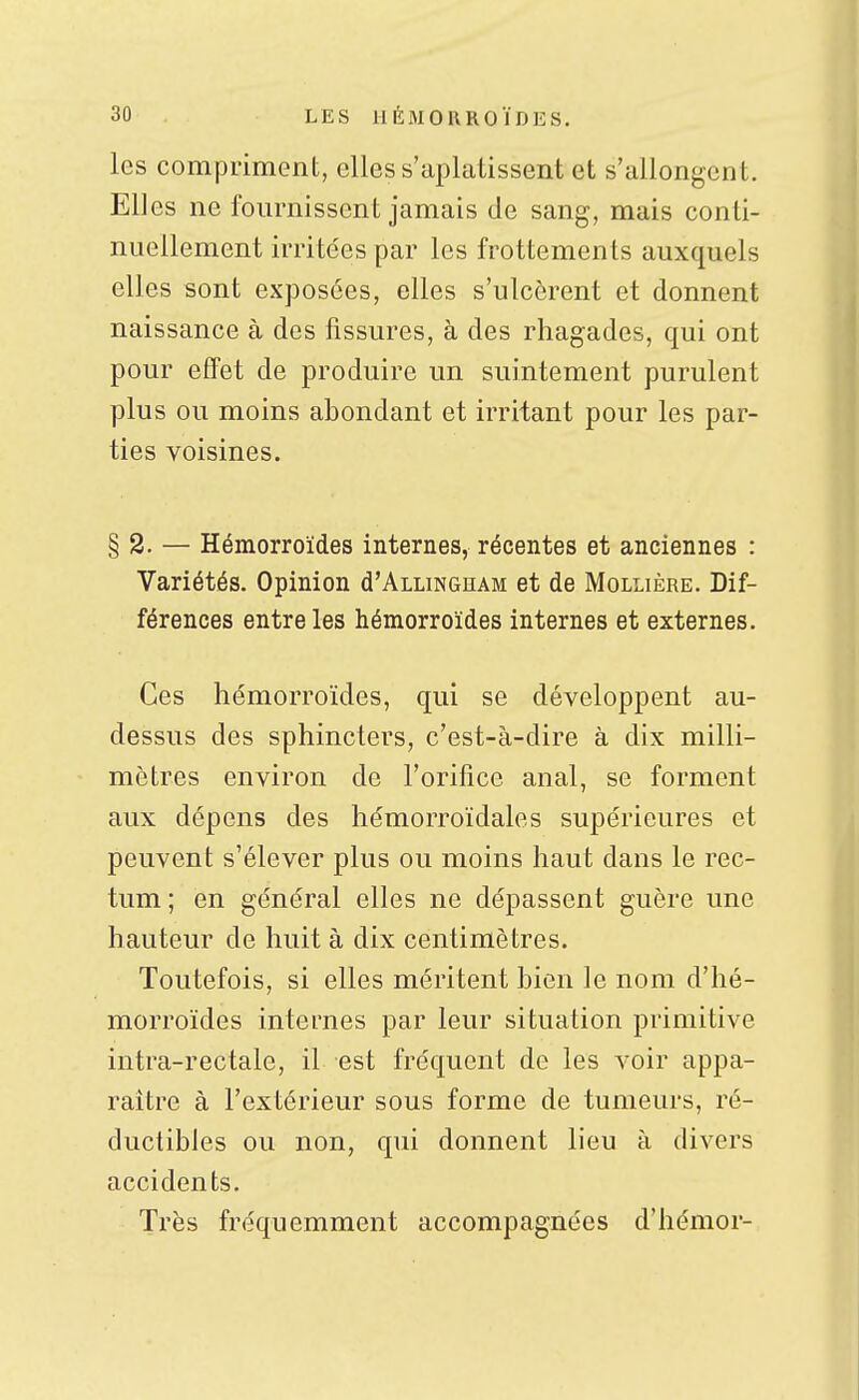 les compriment, elles s'aplatissent et s'allongent. Elles ne fournissent jamais de sang, mais conti- nuellement irrite'es par les frottements auxquels elles sont exposées, elles s'ulcèrent et donnent naissance à des fissures, à des rhagades, qui ont pour effet de produire un suintement purulent plus ou moins abondant et irritant pour les par- ties voisines. §2. — Hémorroïdes internes, récentes et anciennes : Variétés. Opinion (I'Allingham et de Mollière. Dif- férences entre les hémorroïdes internes et externes. Ces hémorroïdes, qui se développent au- dessus des sphincters, c'est-à-dire à dix milli- mètres environ de l'orifice anal, se forment aux dépens des hémorroïdales supérieures et peuvent s'élever plus ou moins haut dans le rec- tum ; en général elles ne dépassent guère une hauteur de huit à dix centimètres. Toutefois, si elles méritent bien le nom d'hé- morroïdes internes par leur situation primitive intra-rectale, il est fréquent de les voir appa- raître à l'extérieur sous forme de tumeurs, ré- ductibles ou non, qui donnent lieu à divers accidents. Très fréquemment accompagnées d'hémor-