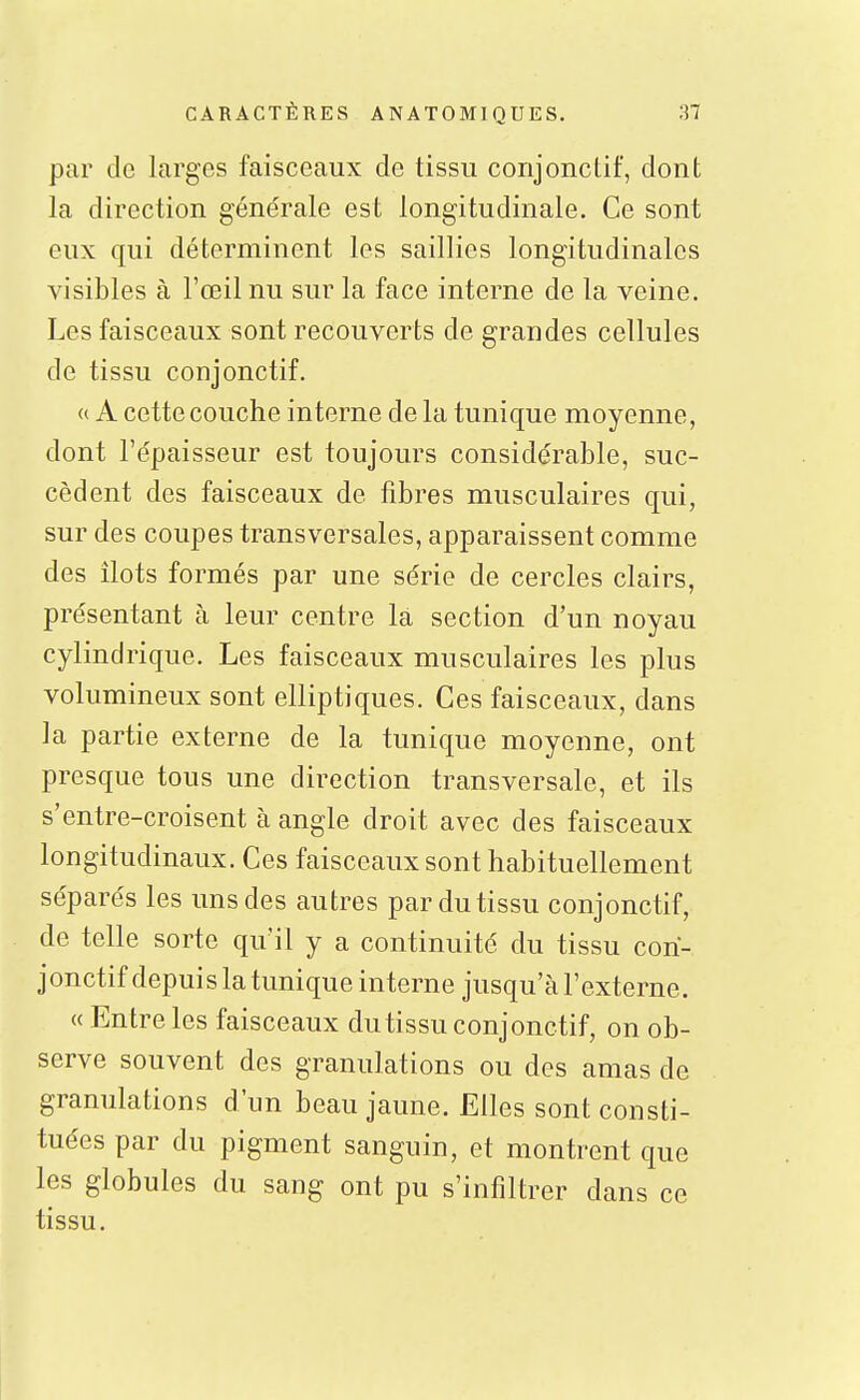 par de larges faisceaux de tissu conjonctif, dont la direction générale est longitudinale. Ce sont eux qui déterminent les saillies longitudinales visibles à l'œil nu sur la face interne de la veine. Les faisceaux sont recouverts de grandes cellules de tissu conjonctif. « A cette couche interne de la tunique moyenne, dont l'épaisseur est toujours considérable, suc- cèdent des faisceaux de fibres musculaires qui, sur des coupes transversales, apparaissent comme des îlots formés par une série de cercles clairs, présentant à leur centre la section d'un noyau cylindrique. Les faisceaux musculaires les plus volumineux sont elliptiques. Ces faisceaux, dans la partie externe de la tunique moyenne, ont presque tous une direction transversale, et ils s'entre-croisent à angle droit avec des faisceaux longitudinaux. Ces faisceaux sont habituellement séparés les uns des autres par du tissu conjonctif, de telle sorte qu'il y a continuité du tissu con- jonctif depuis la tunique interne jusqu'à l'externe. « Entre les faisceaux du tissu conjonctif, on ob- serve souvent des granulations ou des amas de granulations d'un beau jaune. Elles sont consti- tuées par du pigment sanguin, et montrent que les globules du sang ont pu s'infiltrer dans ce tissu.