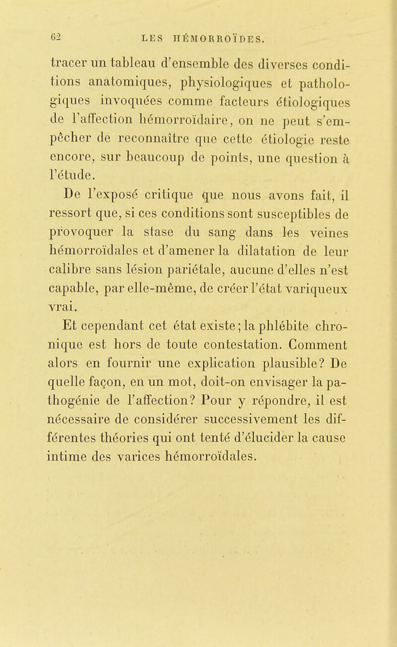 tracer un tableau d'ensemble des diverses condi- tions anatomiques, physiologiques et patholo- giques invoquées comme facteurs dtiologiques de l'affection hémorroïdaire, on ne peut s'em- pêcher de reconnaître que cette étiologie reste encore, sur beaucoup de points, une question à l'étude. De l'exposé critique que nous avons fait, il ressort que, si ces conditions sont susceptibles de provoquer la stase du sang dans les veines hémorroïdales et d'amener la dilatation de leur calibre sans lésion pariétale, aucune d'elles n'est capable, par elle-même, de créer l'état variqueux vrai. Et cependant cet état existe ; la phlébite chro- nique est hors de toute contestation. Gomment alors en fournir une explication plausible? De quelle façon, en un mot, doit-on envisager la pa- thogénie de l'affection? Pour y répondre, il est nécessaire de considérer successivement les dif- férentes théories qui ont tenté d'élucider la cause intime des varices hémorroïdales.