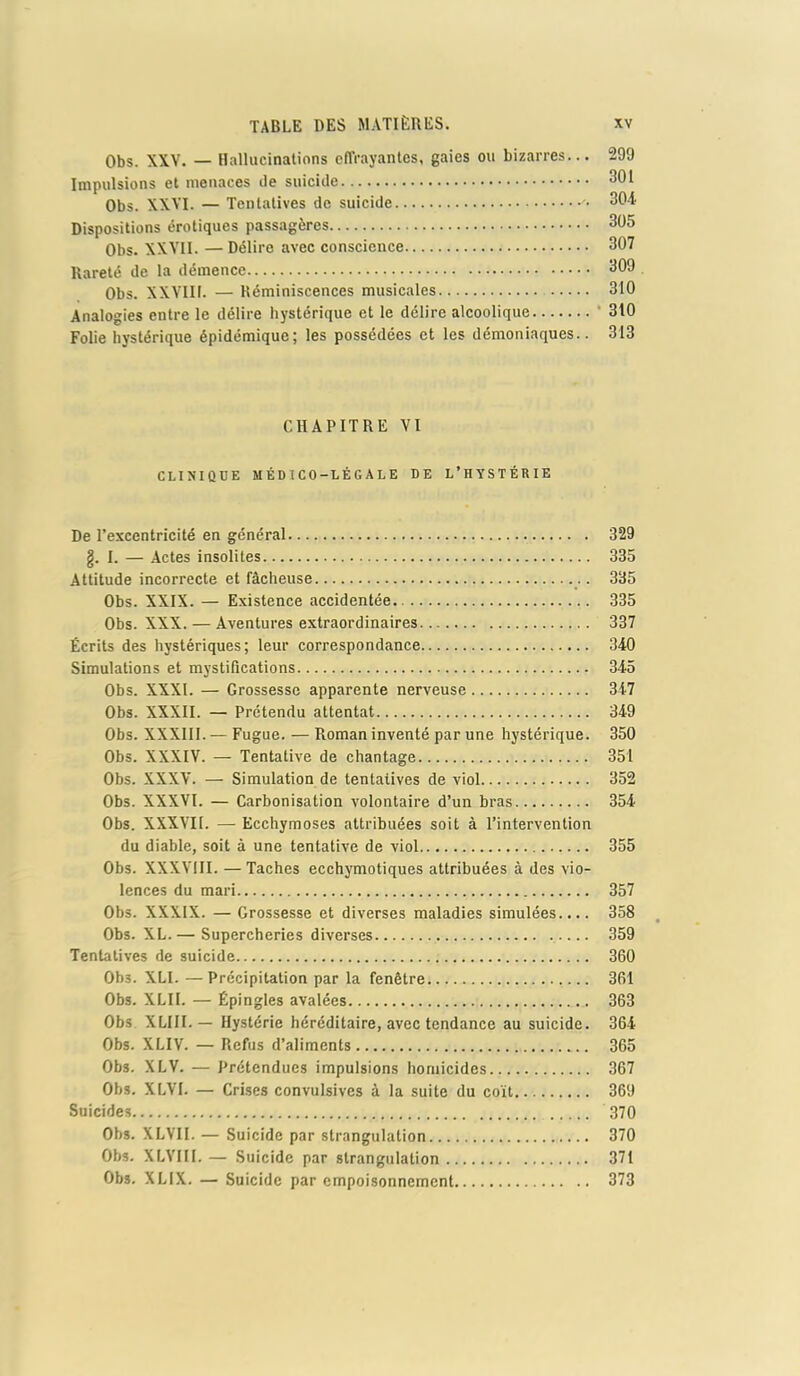 Obs. XXV. — Hallucinations effrayantes, gaies ou bizarres... 299 Impulsions et menaces île suicide 301 Obs. XXVI. — Tentatives de suicide 304 Dispositions érotiques passagères 305 Obs. XXVII. — Délire avec conscience 307 Rareté de la démence 309 Obs. XXVIII. — Réminiscences musicales 310 Analogies entre le délire hystérique et le délire alcoolique 310 Folie hystérique épidémique; les possédées et les démoniaques.. 313 CHAPITRE VI CLINIQUE MÉDICO-LÉGALE DE L’HYSTÉRIE De l’excentricité en général 329 g. I. — Actes insolites 335 Attitude incorrecte et fâcheuse 335 Obs. XXIX. — Existence accidentée 335 Obs. XXX. — Aventures extraordinaires 337 Écrits des hystériques; leur correspondance 340 Simulations et mystifications 345 Obs. XXXI. — Grossesse apparente nerveuse 347 Obs. XXXII. — Prétendu attentat 349 Obs. XXXIII. — Fugue. — Roman inventé par une hystérique. 350 Obs. XXXIV. — Tentative de chantage 351 Obs. XXXV. — Simulation de tentatives de viol 352 Obs. XXXVI. — Carbonisation volontaire d’un bras 354 Obs. XXXVII. — Ecchymoses attribuées soit à l’intervention du diable, soit à une tentative de viol 355 Obs. XXXVIII. —Taches ecchymotiques attribuées à des vio- lences du mari 357 Obs. XXXIX. — Grossesse et diverses maladies simulées.... 358 Obs. XL.— Supercheries diverses 359 Tentatives de suicide 360 Ob3. XLI. —Précipitation par la fenêtre 361 Obs. XLII. — Épingles avalées 363 Obs XLIII. — Hystérie héréditaire, avec tendance au suicide. 364 Obs. XLIV. — Refus d’aliments 365 Obs. XLV. — Prétendues impulsions homicides 367 Obs. XLVI. — Crises convulsives à la suite du coït 369 Suicides 370 Obs. XLVII. — Suicide par strangulation 370 Obs. XLYIII. — Suicide par strangulation 371 Obs. XLIX. — Suicide par empoisonnement 373