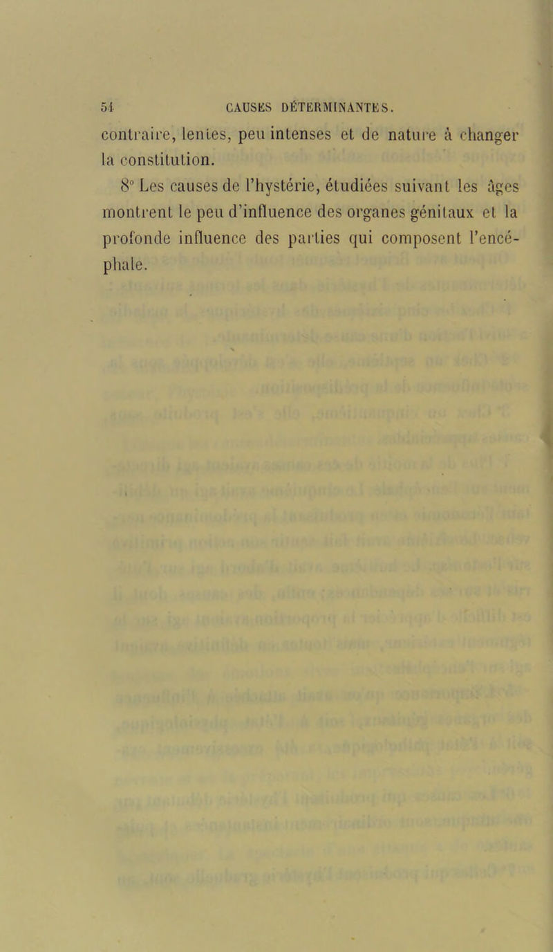 contraire, lentes, peu intenses et de nature à changer la constitution. 8° Les causes de l’hystérie, étudiées suivant les âges montrent le peu d’intluence des organes génitaux et la profonde influence des parties qui composent l’encé- phale.