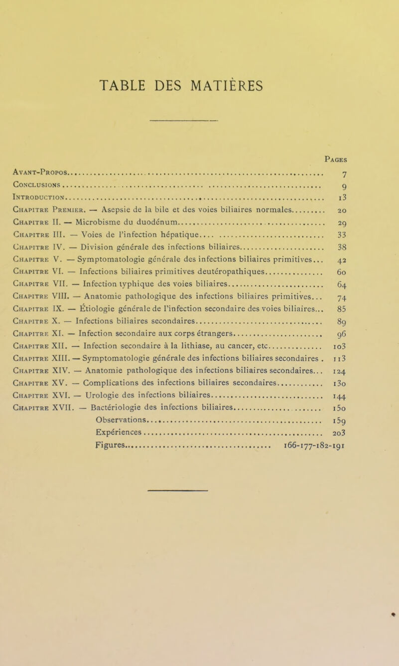 TABLE DES MATIÈRES Pages Avant-Propos 7 Conclusions g Introduction i3 Chapitre Premier. — Asepsie de la bile et des voies biliaires normales 20 Chapitre II. — Microbisme du duodénum 2g Chapitre III. — Voies de l’infection hépatique 33 Chapitre IV. — Division générale des infections biliaires 38 Chapitre V. —Symptomatologie générale des infections biliaires primitives... 42 Chapitre VI. — Infections biliaires primitives deutéropathiques 60 Chapitre VII. — Infection typhique des voies biliaires 64 Chapitre VIII. — Anatomie pathologique des infections biliaires primitives... 74 Chapitre IX. — Étiologie générale de l’infection secondaire des voies biliaires... 85 Chapitre X. — Infections biliaires secondaires 8g Chapitre XI. — Infection secondaire aux corps étrangers g6 Chapitre XII. — Infection secondaire à la lithiase, au cancer, etc io3 Chapitre XIII. — Symptomatologie générale des infections biliaires secondaires . 113 Chapitre XIV. — Anatomie pathologique des infections biliaires secondaires... 124 Chapitre XV. — Complications des infections biliaires secondaires i3o Chapitre XVI. — Urologie des infections biliaires 144 Chapitre XVII. — Bactériologie des infections biliaires i5o Observations i5g Expériences 2o3 Figures 166-177-182-191