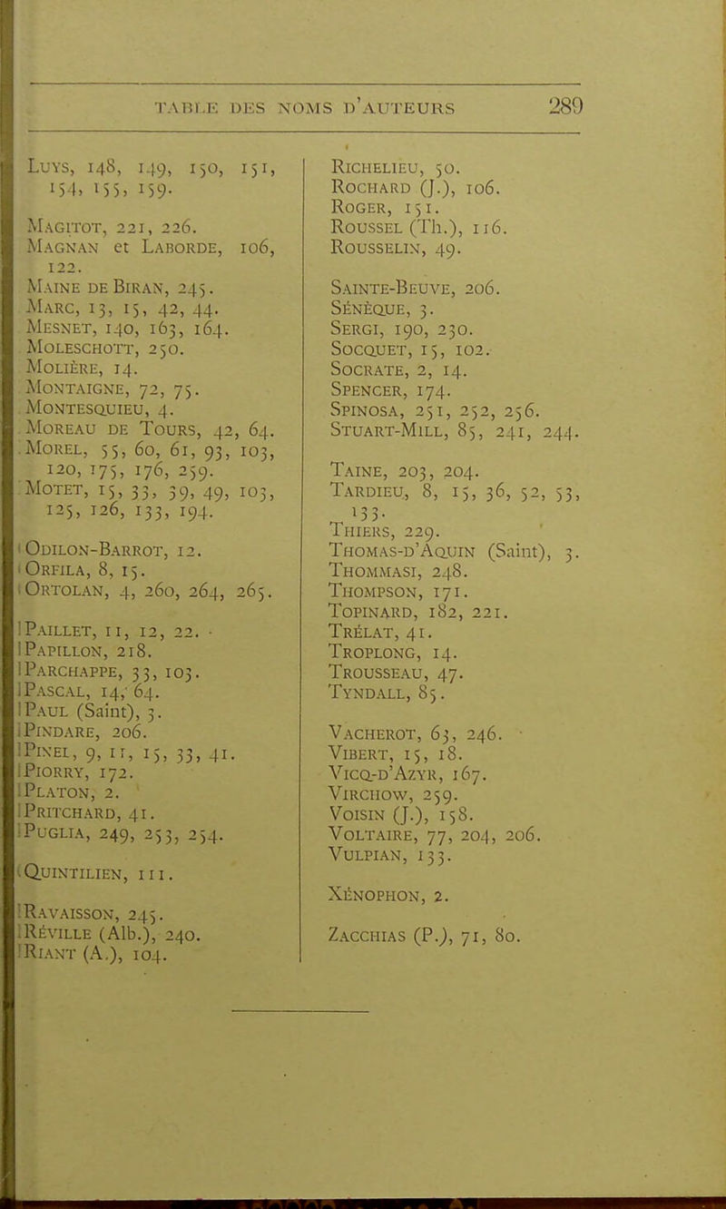 LuYS, 148, 149, 130, 151, 154, i55> 159- Magitot, 221, 226. Magnan et Laborde, 106, 122. Maine deBiran, 245. AIarc, 13, 15, 42, 44. Mesnet, 140, 163, 164. moleschott, 25o. Molière, 14. Montaigne, 72, 75. MoNTEsauiEU, 4. Moreau de Tours, 42, 64. MOREL, 55, 60, 61, 93, 103, 120, 175, 176, 259. Motet, 15, 33, 39, 49, 103, 125, 126, 133, 194. • Oûilon-Barrot, 12. 'Orfila, 8, 15. Ortolan, 4, 260, 264, 265. IPaillet, II, 12, 22. ■ ! Papillon, 218. IParchappe, 33, 103. i Pascal, 14,' 64. IPaul (Saint), 3. iPiNDARE, 206. iPiXEL, 9, 17, 15, 33, 41. iPlORRY, 172. ; Platon, 2. iPritchard, 41. ;PuGLIA, 249, 253, 2)4. iQuiNTILIEN, III. ■Ravaisson, 245. •Réville (Alb.), 240. Riant (A.), 104. Richelieu, 50. rochard (j.), 106. Roger, 151. Roussel (Th.), 116. Rousselin, 49. Sainte-Beuve, 206. SÉNÈauE, 3. Sergi, 190, 230. SocauET, 15, 102. Socrate, 2, 14. Spencer, 174. Spinosa, 251, 252, 256. Stuart-Mill, 85, 241, 244. Taine, 203, 204. Tardieu, 8, 15, 36, 52, 53, Thiers, 229. Thomas-d'Aq.uin (Saint), 3. Thommasi, 248. Thompson, 171. T0PINARD, 182, 221. Trélat, 41. Troplong, 14. Trousseau, 47. Tynd.\ll, 85. Vacherot, 63, 246. ViBERT, 15, 18. Vicqtd'Azyr, 167. ViRCHOW, 259. Voisin (J.), 158. V0LT.\IRE, 77, 204, 206. VULPIAN, 133. XÉNOPHON, 2. Z.'VCCHIAS (P.^, 71, 80.