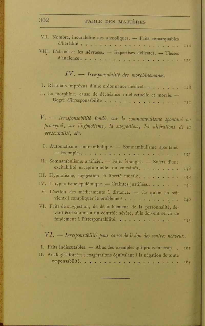 VII. Nombre, iiicurabilité des alcooliques. — J-aits remarquables d'iiéri'dité j^^^ VIII. L'alcool et les névroses. — Expertises délicates. — Thèses d'audience I 2 ■ IV. — Irresponsabilité des morphinomanes. I. Résultats imprévus d'une ordonnance médicale 12^; II. La morphine, cause de déchéance intellectuelle et morale. — Degi-é d'irresponsabilité j ., V- — Irresponsabilité fondée sur le somnambulisme spontané ou provoqué, sur l'hypnotisme, la suggestion, les alléralions de la personnalité, etc. I. Automatisme sonmambulique. — Somnambulisme spontané. — Exemples ij2 II. Somnambulisme artificiel. — Faits étranges. — Sujets d'une excitabilité exceptionnelle, ou entraînés i;S III. Hypnotisme, suggestion, et liberté morale 142 IV. L'hypnotisme cpidémique. — Craintes justifiées 144 V. L'action des médicaments à distance. — Ce qu'on en sait vient-il compliquer le problème ? 14;-, VI. Faits de suggestion, de dédoublement de la personnalité, de- vant être soumis à un contrôle sévère, s'ils doivent servir de fondement à l'irrespons.ibilité i ^ -, VI- — Irresponsabililé pour cause de lésion des centres nerveux. I. Faits indiscutables. — Abus des exemples qui prouvent trop. . 161 II. Analogies forcées ; exagérations équivalant à la négation de toute responsabilité. . , 16;