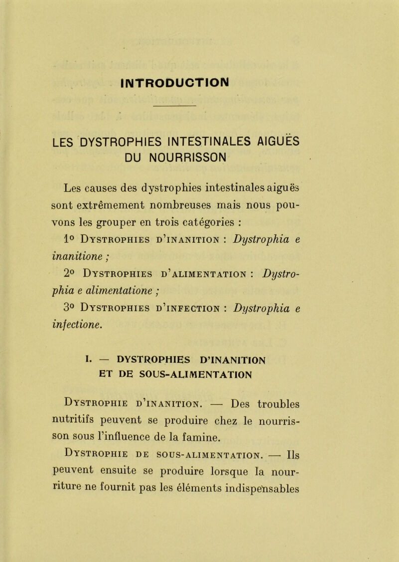 IIMTRODUCTION LES DYSTROPHIES INTESTINALES AIGUES DU NOURRISSON Les causes des dystrophies intestinales aiguës sont extrêmement nombreuses mais nous pou- vons les grouper en trois catégories : Dystrophies d’inanition : Dystrophia e inanitione ; 2° Dystrophies d’alimentation : Dystro- phia e alimentatione ; 30 Dystrophies d’infection : Dystrophia e infectione. I. — DYSTROPHIES DTNANITION ET DE SOUS-ALIMENTATION Dystrophie d’inanition. — Des troubles nutritifs peuvent se produire chez le nourris- son sous l’influence de la famine. Dystrophie de sous-alimentation. — Ils peuvent ensuite se produire lorsque la nour- riture ne fournit pas les éléments indispetisables