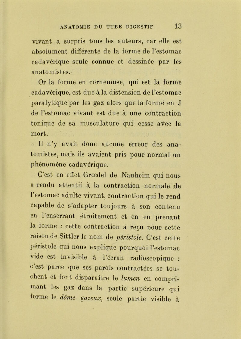 vivant a surpris tous les auteurs, car elle est absolument différente de la forme de l’estomac cadavérique seule connue et dessinée par les anatomistes. Or la forme en cornemuse, qui est la forme cadavérique, est due à la distension de l’estomac paralytique par les gaz alors que la forme en J de l’estomac vivant est due à une contraction tonique de sa musculature qui cesse avec la mort. Il n’y avait donc aucune erreur des ana- tomistes, mais ils avaient pris pour normal un phénomène cadavérique. C’est en effet Grœdel de Nauheim qui nous a rendu attentif à la contraction normale de l’estomac adulte vivant, contraction qui le rend capable de s’adapter toujours à son contenu en l’enserrant étroitement et en en prenant la forme : cette contraction a reçu pour cette raison de Sittler le nom de péristole. C’est cette péristole qui nous explique pourquoi l’estomac vide est invisible à l’écran radioscopique ; c est parce que ses parois contractées se tou- chent et font disparaître le lumen en compri- mant les gaz dans la partie supérieure qui forme le dôme gazeux, seule partie visible à