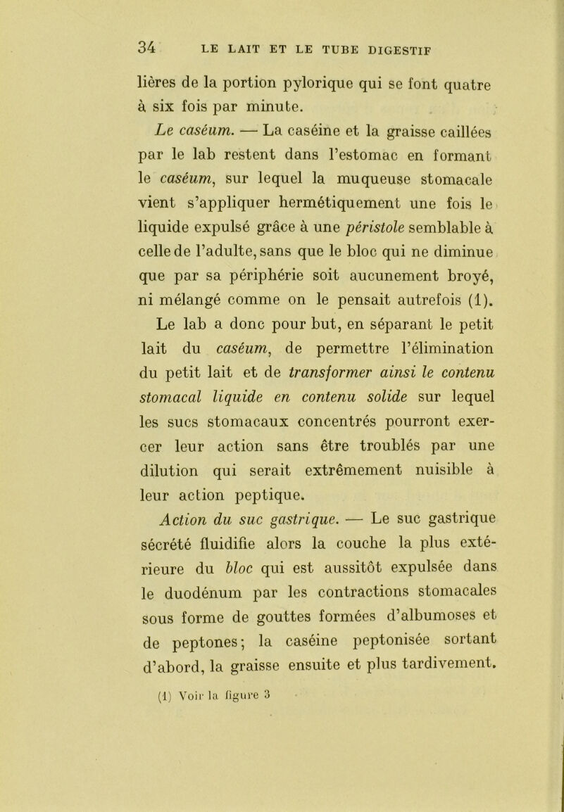 Mères de la portion pylorique qui se font quatre à six fois par minute. Le caséum. — La caséine et la graisse caillées par le lab restent dans l’estomac en formant le caséum^ sur lequel la muqueuse stomacale vient s’appliquer hermétiquement une fois le liquide expulsé grâce à une péristole semblable à celle de l’adulte, sans que le bloc qui ne diminue que par sa périphérie soit aucunement broyé, ni mélangé comme on le pensait autrefois (1). Le lab a donc pour but, en séparant le petit lait du caséum^ de permettre l’élimination du petit lait et de transformer ainsi le contenu stomacal liquide en contenu solide sur lequel les sucs stomacaux concentrés pourront exer- cer leur action sans être troublés par une dilution qui serait extrêmement nuisible à leur action peptique. Action du suc gastrique. — Le suc gastrique sécrété fluidifie alors la couche la plus exté- rieure du bloc qui est aussitôt expulsée dans le duodénum par les contractions stomacales sous forme de gouttes formées d’albumoses et de peptones ; la caséine peptonisée sortant d’abord, la graisse ensuite et plus tardivement, (1) Voir la figure 3