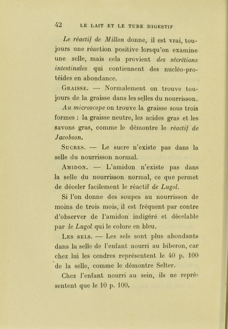 Le réactif de Millon donne, il est vrai, tou- jours une réaction positive lorsqu’on examine une selle, mais cela provient des sécrétions intestinales qui contiennent des nucléo-pro- téides en abondance. Graisse. — Normalement on trouve tou- jours de la graisse dans les selles du nourrisson. Au microscope on trouve la graisse sous trois formes : la graisse neutre, les acides gras et les savons gras, comme le démontre le réactif de Jacobson, Sucres. — Le sucre n’existe pas dans la selle du nourrisson normal. Amidon. ■— L’amidon n’existe pas dans la selle du nourrisson normal, ce que permet de déceler facilement le réactif de Lugol. Si l’on donne des soupes au nourrisson de moins de trois mois, il est fréquent par contre d’observer de l’amidoii indigéré et décelable par le Lugol qui le colore en bleu. Les sels. — Les sels sont plus abondants dans la selle de l’enfant nourri au biberon, car chez lui les cendres représentent le 40 p. 100 de la selle, comme le démontre Selter. Chez l’enfant nourri au sein, ils ne repré- sentent que le 10 p. 100.