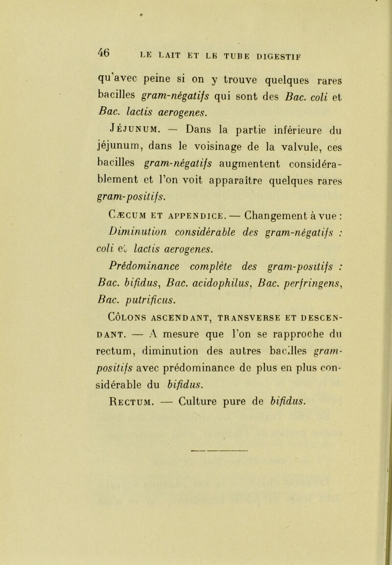 qu’avec peine si on y trouve quelques rares bacilles gram-négatifs qui sont des Bac. coli et Bac. lactis aerogenes. Jéjunum, — Dans la partie inférieure du jéjunum, dans le voisinage de la valvule, ces bacilles gram-négatifs augmentent considéra- blement et l’on voit apparaître quelques rares gram-positif s. Cæcum et appendice.— Changement à vue : Diminution considérable des gram-négatifs : coli et lactis aerogenes. Prédominance complète des gram-positifs : Bac. bifidus, Bac. acidophilus, Bac. perfringens, Bac. putrificiis. CÔLONS ASCENDANT, TRANSVERSE ET DESCEN- DANT. — A mesure que l’on se rapproche du rectum, diminution des autres bacilles gram- positifs avec prédominance de plus en plus con- sidérable du bifidiis. Rectum. — Culture pure de bifidiis.