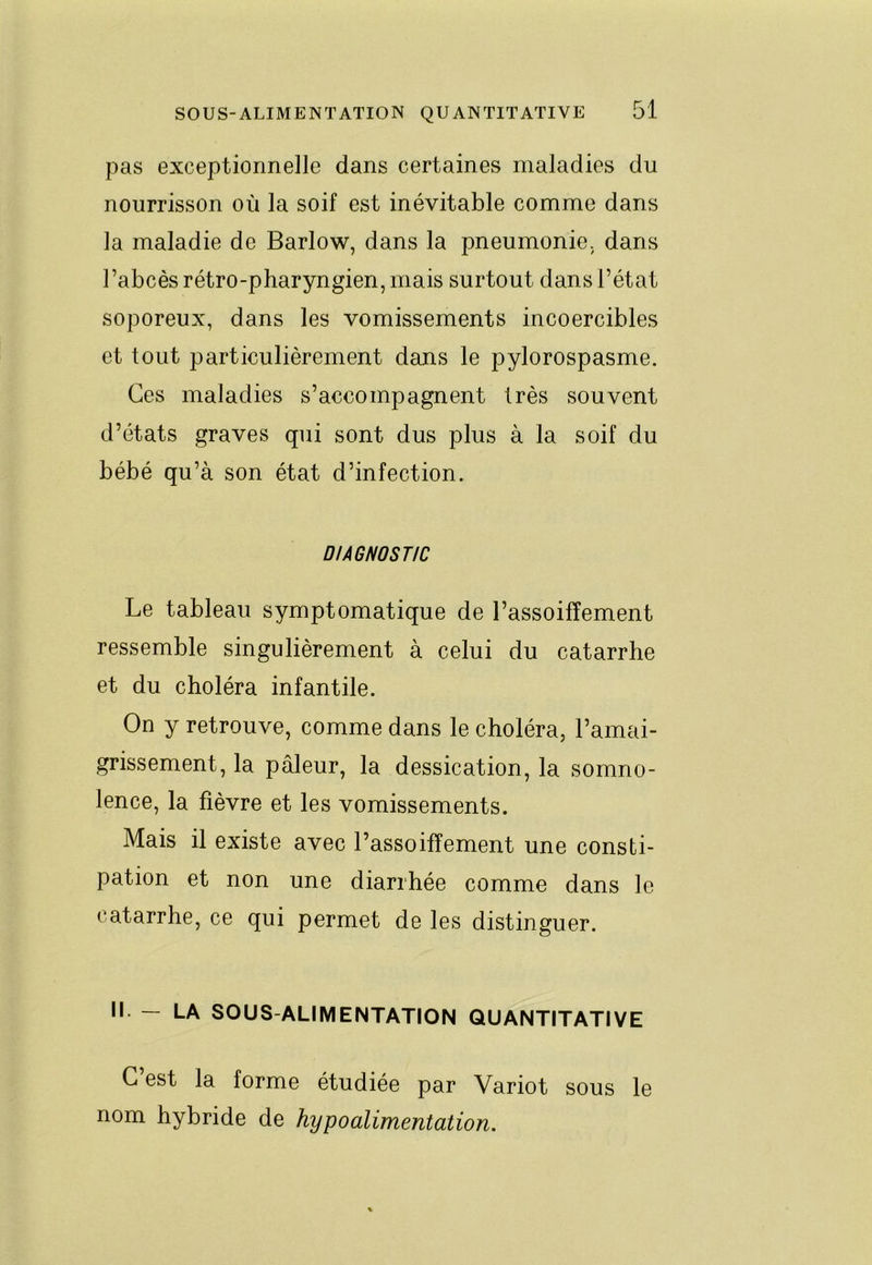 pas exceptionnelle dans certaines maladies du nourrisson où la soif est inévitable comme dans la maladie de Barlow, dans la pneumonie, dans l’abcès rétro-pharyngien, mais surtout dans l’état soporeux, dans les vomissements incoercibles et tout particulièrement dans le pylorospasme. Ces maladies s’accompagnent très souvent d’états graves qui sont dus plus à la soif du bébé qu’à son état d’infection. DIAGNOSTIC Le tableau symptomatique de l’assoiffement ressemble singulièrement à celui du catarrhe et du choléra infantile. On y retrouve, comme dans le choléra, l’amai- grissement, la pâleur, la dessication, la somno- lence, la fièvre et les vomissements. Mais il existe avec l’assoifîement une consti- pation et non une diarrhée comme dans le catarrhe, ce qui permet de les distinguer. Il — LA SOUS-ALIMENTATION QUANTITATIVE G est la forme étudiée par Variot sous le nom hybride de hypoalimentation.