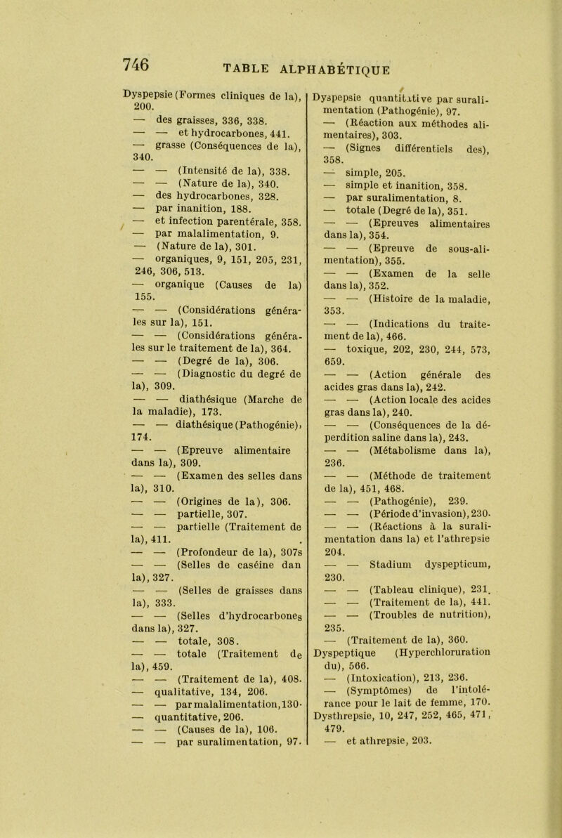 Dyspepsie (Formes cliniques de la), 200. — des graisses, 336, 338. — — et hydrocarbones, 441. —• grasse (Conséquences de la), 340. — — (Intensité de la), 338. — — (Nature de la), 340. — des hydrocarbones, 328. — par inanition, 188. — et infection parentérale, 358. — par malalimentation, 9. — (Nature de la), 301. — organiques, 9, 151, 205, 231, 246, 306, 513. — organique (Causes de la) 155. — — (Considérations généra- les sur la), 151. — — (Considérations généra- les sur le traitement de la), 364. — — (Degré de la), 306. — — (Diagnostic du degré de la), 309. — — diathésique (Marche de la maladie), 173. — — diathésique (Pathogénie). 174. — — (Epreuve alimentaire dans la), 309. — — (Examen des selles dans la), 310. — — (Origines de la), 306. — — partielle, 307. — — partielle (Traitement de la), 411. — —■ (Profondeur de la), 307s — — (Selles de caséine dan la), 327. — — (Selles de graisses dans la), 333. — — (Selles d’hydrocarbones dans la), 327. — — totale, 308. — — totale (Traitement de la), 459. — — (Traitement de la), 408. — qualitative, 134, 206. — — par malalimentation, 130- — quantitative, 206. — — (Causes de la), 106. — — par suralimentation, 97. Dyspepsie quantitative par surali- mentation (Pathogénie), 97. — (Réaction aux méthodes ali- mentaires), 303. — (Signes différentiels des), 358. — simple, 205. — simple et inanition, 358. — par suralimentation, 8. — totale (Degré de la), 351. — — (Epreuves alimentaires dans la), 354. — — (Epreuve de sous-ali- mentation), 355. — — (Examen de la selle dans la), 352. — — (Histoire de la maladie, 353. —• — (Indications du traite- ment de la), 466. — toxique, 202, 230, 244, 573, 659. — — (Action générale des acides gras dans la), 242. — — (Action locale des acides gras dans la), 240. — — (Conséquences de la dé- perdition saline dans la), 243. — — (Métabolisme dans la), 236. — — (Méthode de traitement de la), 451, 468. — — (Pathogénie), 239. — — (Période d’invasion), 230. — — (Réactions à la surali- mentation dans la) et l’athrepsie 204. — — Stadium dyspepticum, 230. — — (Tableau clinique), 231. — — (Traitement de la), 441. — — (Troubles de nutrition), 235. —■ (Traitement de la), 360. Dyspeptique (Hyperchloruration du), 566. — (Intoxication), 213, 236. — (Symptômes) de l’intolé- rance pour le lait de femme, 170. Dysthrepsie, 10, 247, 252, 465, 471, 479. — et athrepsie, 203.