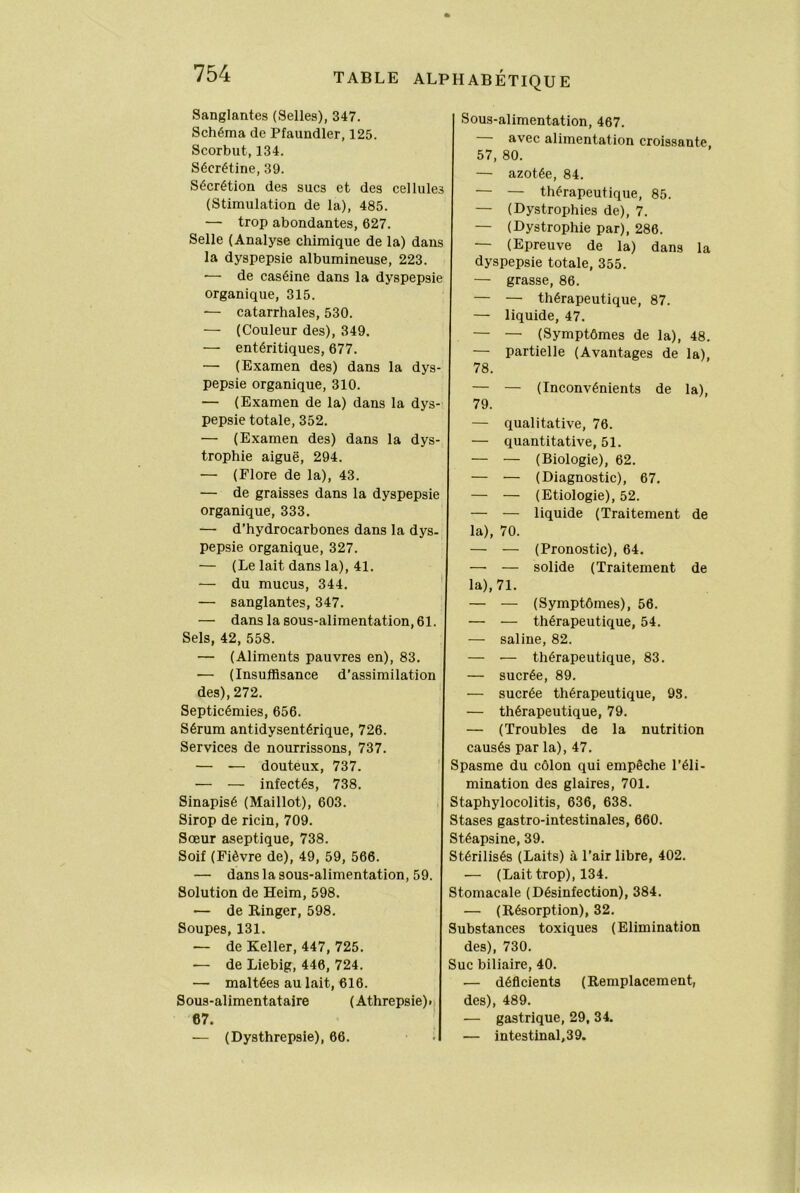 Sanglantes (Selles), 347. Schéma de Pfaundler, 125. Scorbut, 134. Sécrétine, 39. Sécrétion des sucs et des cellules (Stimulation de la), 485. — trop abondantes, 627. Selle (Analyse chimique de la) dans la dyspepsie albumineuse, 223. •— de caséine dans la dyspepsie organique, 315. — catarrhales, 530. — (Couleur des), 349, — entéritiques, 677. — (Examen des) dans la dys- pepsie organique, 310. — (Examen de la) dans la dys- pepsie totale, 352. — (Examen des) dans la dys- trophie aiguë, 294. — (Flore de la), 43. — de graisses dans la dyspepsie organique, 333. — d’hydrocarbones dans la dys- pepsie organique, 327. — (Le lait dans la), 41. — du mucus, 344. — sanglantes, 347. — dans la sous-alimentation, 61. Sels, 42, 558. — (Aliments pauvres en), 83. — (Insuffisance d’assimilation des), 272. Septicémies, 656. Sérum antidysentérique, 726. Services de nourrissons, 737. — — douteux, 737. — — infectés, 738. Sinapisé (Maillot), 603. Sirop de ricin, 709. Sœur aseptique, 738. Soif (Fièvre de), 49, 59, 566. — dans la sous-alimentation, 59. Solution de Heira, 598. — de Einger, 598. Soupes, 131. — de Keller, 447, 725. — de Liebig, 446, 724. — maltées au lait, 616. Sous-aliraentataire (Athrepsie)» 67. — (Dysthrepsie), 66. ■ Sous-alimentation, 467. avec alimentation croissante 57, 80. — azotée, 84. — — thérapeutique, 85. — (Dystrophies de), 7. — (Dystrophie par), 286. — (Epreuve de la) dans la dyspepsie totale, 355. — grasse, 86. — — thérapeutique, 87. — liquide, 47. — — (Symptômes de la), 48. — partielle (Avantages de la), 78. — — (Inconvénients de la), 79. — qualitative, 76. — quantitative, 51. — — (Biologie), 62. — — (Diagnostic), 67. — — (Etiologie), 52. — — liquide (Traitement de la), 70. — — (Pronostic), 64. —• — solide (Traitement de la), 71. — — (Symptômes), 56. — — thérapeutique, 54. — saline, 82. — •— thérapeutique, 83. — sucrée, 89. — sucrée thérapeutique, 98. — thérapeutique, 79. — (Troubles de la nutrition causés par la), 47. ' Spasme du côlon qui empêche l’éli- mination des glaires, 701. , Staphylocolitis, 636, 638. Stases gastro-intestinales, 660. Stéapsine, 39. Stérilisés (Laits) à l’air libre, 402. — (Lait trop), 134. Stomacale (Désinfection), 384. — (Eésorption), 32. Substances toxiques (Elimination des), 730. Suc biliaire, 40. — déficients (Remplacement, des), 489. — gastrique, 29, 34. — intestinal, 3 9.