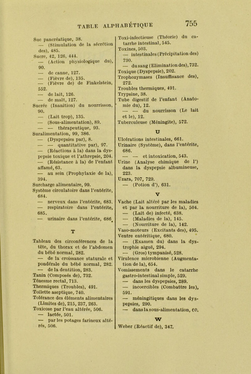 Suc pancréatique, 38. — (Stimulation de la sécrétion des), 485. Sucre, 42, 126, 444. — ( Action physiologique du), 90. — de canne, 127. — (Fièvre de), 135. — (Fièvre de) de Finkelstein, 552. — de lait, 126. — de malt, 127. Sucrée (Inanition) du nourrisson, 90. — (Lait trop), 135. — (Sous-alimentation), 89. — — thérapeutique, 93. Suralimentation, 99, 386. — (Dyspepsies par), 8. — — quantitative par), 97. — (Réactions à la) dans la dys- pepsie toxique et l’athrepsie, 204. — (Résistance à la) de l’enfant affamé, 63. — au sein (Prophylaxie de la), 394. Surcharge alimentaire, 99. Système circulatoire dans l’entérite, 684. — nerveux dans l’entérite, 683. — respiratoire dans l’entérite, 685. — urinaire dans l’entérite, 686 T Tableau des circonférences de la tête, du thorax et de l’abdomen du bébé normal, 282. — de la croissance staturale et pondérale du bébé normal, 282. — de la dentition, 283. Tanin (Composés de), 732. Ténesme rectal, 713. Thermiques (Troubles), 491. Toilette aseptique, 740. Tolérance des éléments alimentaires (Limites de), 215, 237, 263. Toxicose par l’eau altérée, 506. — lactée, 501. ■— par les potages farineux alté- rés, 506. 755 Toxi-infectieuse (Théorie) du ca- tarrhe intestinal, 545. Toxines, 503. — intestinales (Précipitation des) 730. — dusang (Eliminationdes),732. Toxique (Dyspepsie), 202. Trophozymases (InsuflBisance des), 272. Troubles thermiques, 491. Trypsine, 38. Tube digestif de l’enfant (Anato- mie du), 12. — — du nourrisson (Le lait et le), 12. Tuberculeuse (Méningite), 572. U Ulcérations intestinales, 661. Urinaire (Système), dans l’entérite, 686. — — et intoxication, 543. Urine (Analyse chimique de F) dans la dyspepsie albumineuse, 223. Uzara, 707, 729. — (Potion d’), 631. V Vache (Lait altéré par les maladies et par la nourriture de la), 504. — (Lait de) infecté, 638. — (Maladies de la), 145. — (Nourriture de la), 142. Vaso-moteurs (Excitants des), 495. Ventre entéritique, 680. — (Examen du) dans la dys- trophie aiguë, 294. — (Gros) tympanisé, 528. Virulence microbienne (Augmenta- tion de la), 654. Vomissements dans le catarrhe gastro-intestinal simple, 529. — dans les dyspepsies, 289. — incoercibles (Combattre les), 591. — méningitiques dans les dys- pepsies, 290. — dans la sous-alimentation, eo. W Weber (Réactif de), 347.