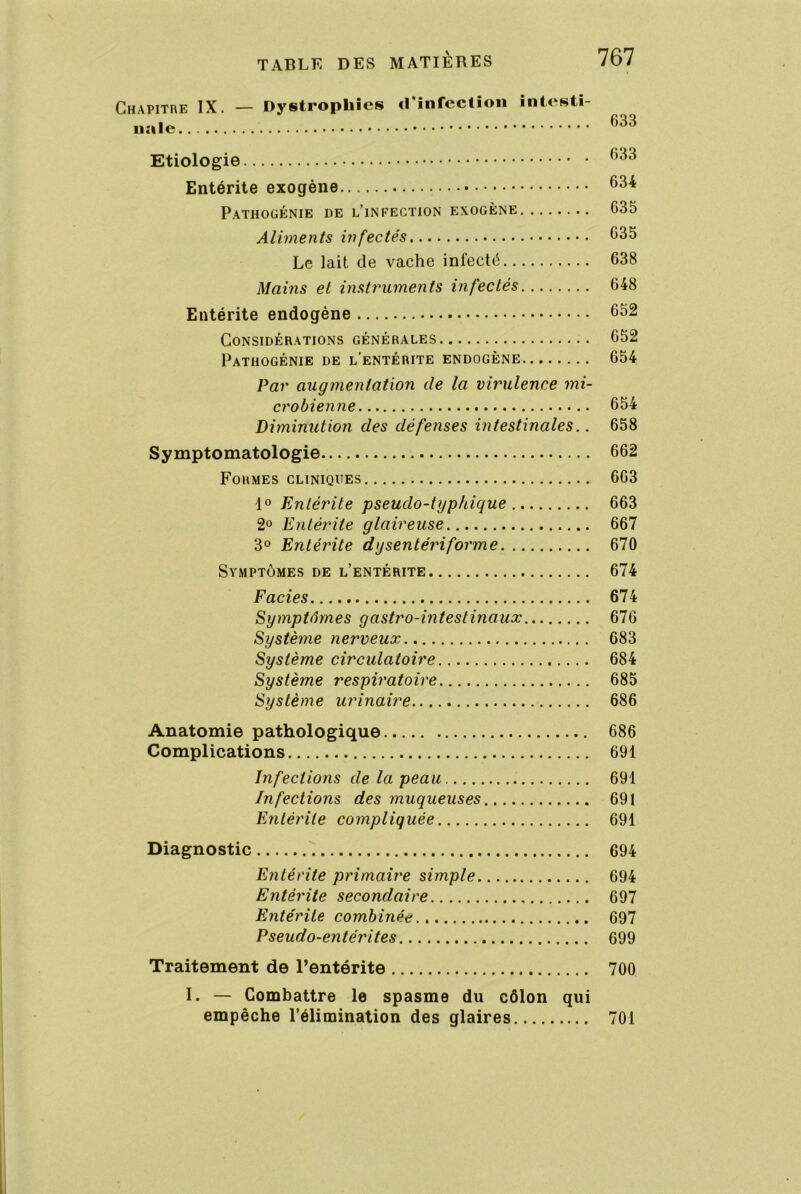 CHAPiTnE IX. — Dystrophies d'infection intesti- Etiologie Entérite exogène Pathogénie de l’infection exogène 635 Aliments infectés 635 Le lait de vache infecté 638 Mains et instruments infectés 648 Entérite endogène 652 Considérations générales 652 Pathogénie de l’entérite endogène 654 Par augmentation de la virulence mi- crobienne 654 Diminution des défenses intestinales.. 658 Symptomatologie 662 Formes cliniques 663 1° Entérite pseudo-typhique 663 2« Entérite glaireuse 667 3° Entérite dysentériforme 670 Symptômes de l’entérite 674 Fades 674 Symptômes gastro-intestinaux 676 Système nerveux 683 Système circulatoire 684 Système respiratoire 685 Système urinaire 686 Anatomie pathologique 686 Complications 691 Infections de la peau 691 Infections des muqueuses 691 Entérite compliquée 691 Diagnostic 694 Entérite primaire simple 694 Entérite secondaire 697 Entérite combinée 697 Pseudo-entérites 699 Traitement de l’entérite 700 I. — Combattre le spasme du côlon qui empêche l’élimination des glaires 701