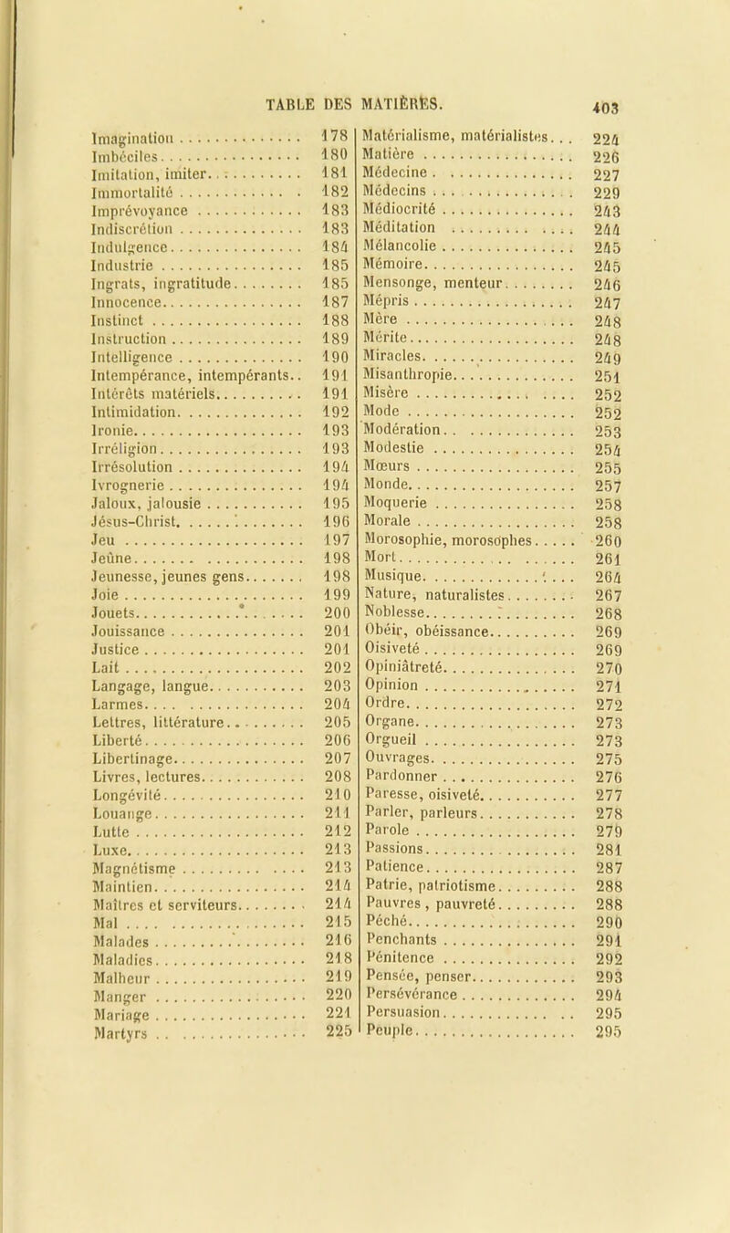 Imagination Imbéciles Imitation, imiter.. ; Immortalité Imprévoyance Indiscrétion Indulgence Industrie Ingrats, ingratitude Innocence Instinct Instruction Intelligence Intempérance, intempérants.. Intérêts matériels Intimidation Ironie Irréligion Irrésolution Ivrognerie Jaloux, jalousie Jésus-Christ '. Jeu Jeûne Jeunesse, jeunes gens Joie Jouets * Jouissance Justice Lait Langage, langue Larmes Lettres, littérature Liberté Libertinage Livres,lectures Longévité Louange Lutte Luxe Magnétisme Maintien Maîtres et serviteurs Mal Malades Maladies Malheur Manger Mariage Martyrs Matérialisme, matérialistes. . . 224 Matière ooc Médecine Médecins ... Médiocrité Méditation Mélancolie Mémoire Mensonge, menteur. . . 246 Mépris Mère Mérite Miracles Misanthropie 251 Misère Mode Modération 253 Modestie 254 Mœurs 255 Monde 257 Moquerie 258 Morale 258 Morosophie, morosophes 260 Mort Musique Nature, naturalistes... Noblesse.. 268 Obéir, obéissance 269 Oisiveté . . 269 Opiniâtreté Opinion 271 Ordre. . . . Organe Orgueil 273 Ouvrages Pardonner 276 Paresse, oisiveté 277 Parler, parleurs 278 Parole .... 279 Passions 281 Patience 287 Patrie, patriotisme.... 288 Pauvres, pauvreté.... 288 Péché Penchants 291 Pénitence 292 Pensée, penser 293 Persévérance 294 Persuasion .. .. 295 Peuple 178 180 181 182 183 183 184 185 185 187 188 189 190 191 191 192 193 193 194 194 195 196 197 198 198 199 200 201 201 202 203 204 205 206 207 208 210 211 212 213 213 214 214 215 216 218 219 220 221 225