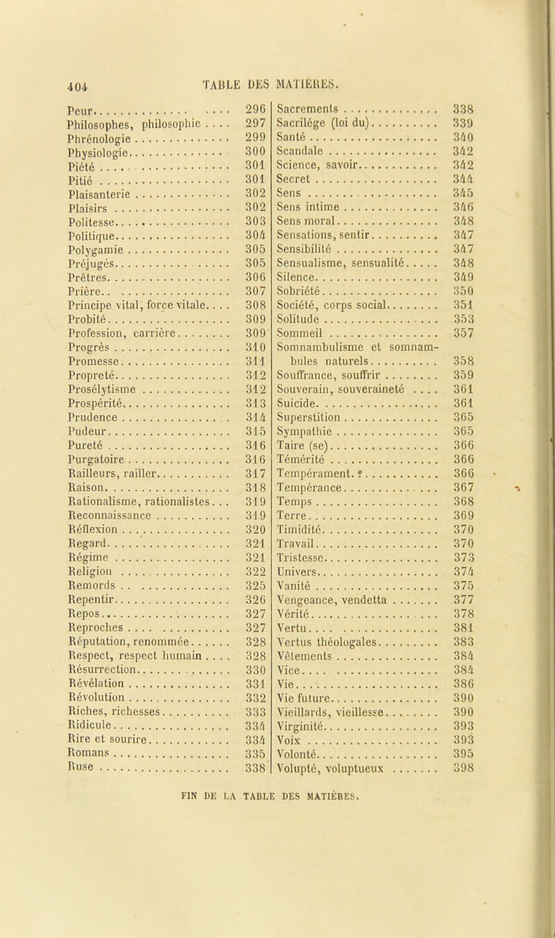 Peur Philosophes, philosophie ... Phrénologie . 296 297 299 300 Sacrements Sacrilège (loi du) Santé Scandale 301 Science, savoir Pitié 301 Secret Plaisanterie 302 Sens Plaisirs 302 Sens intime Politesse 303 Sens moral Politique 304 Sensations, sentir Polygamie 305 Sensibilité Préjugés 305 Sensualisme, sensualité Prêtres 306 Silence Prière 307 Sobriété Principe vital, force vitale.. . 308 Société, corps social Probité 309 Solitude Profession, carrière 309' Sommeil Progrès 310 Somnambulisme et somnam- Promesse 311 bules naturels Propreté 312 Souffrance, souffrir Prosélytisme 312 Souverain, souveraineté .... Prospérité 313 Suicide Prudence 314 Superstition Pudeur . 315 Sympathie Pureté 316 Taire (se) Purgatoire 316 Témérité Railleurs, railler 317 Tempérament. ? Raison 318 Tempérance Rationalisme, rationalistes. . 319 Temps Reconnaissance 319 Terre Réflexion . 320 Timidité Regard 321 Travail Régime 321 Tristesse Religion 322 Univers Remords 325 Vanité Repentir 326 Vengeance, vendetta Repos 327 Vérité Reproches 327 Vertu Réputation, renommée 328 Vertus théologales Respect, respect humain . . . . 328 Vêtements Résurrection 330 Vice Révélation 331 Vie Révolution 332 Vie future Riches, richesses 333 Vieillards, vieillesse Ridicule 334 Virginité Rire et sourire 334 Voix Romans 335 Ruse 338 Volupté, voluptueux 338 339 340 342 342 344 345 346 348 347 347 348 349 350 351 353 357 358 359 361 361 365 365 366 366 366 367 368 369 370 370 373 374 375 377 378 381 383 384 384 386 390 390 393 393 395 398 FIN DE LA TABLE DES MATIÈRES.