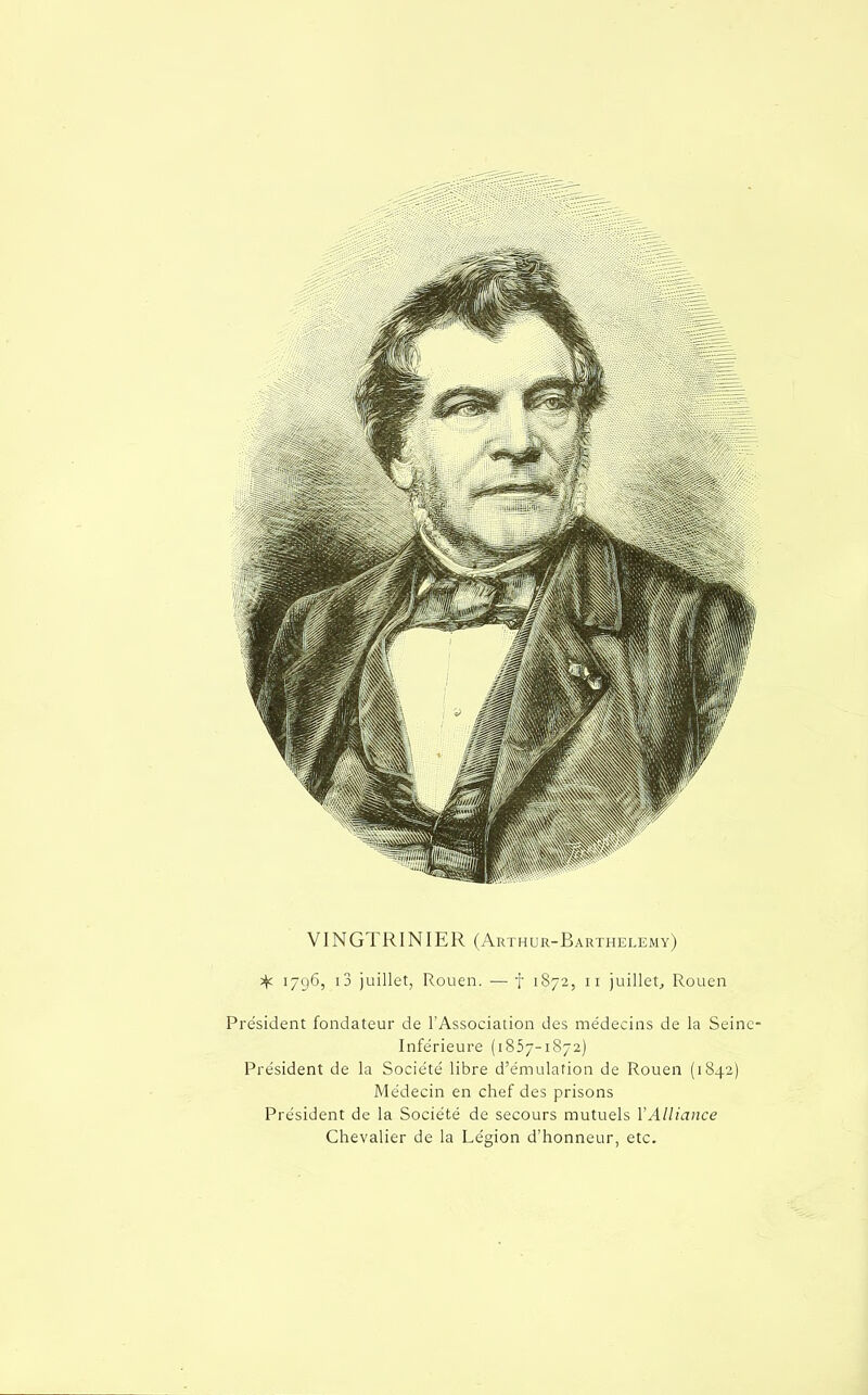 VINGTRINIER (Arthur-Barthelemy) 1796, i3 juillet, Rouen. —f 1872, n juillet, Rouen Président fondateur de l'Association des médecins de la Seine Inférieure (1857-1872) Président de la Société libre d'émulation de Rouen (1842) Médecin en chef des prisons Président de la Société de secours mutuels l'Alliance Chevalier de la Légion d'honneur, etc.