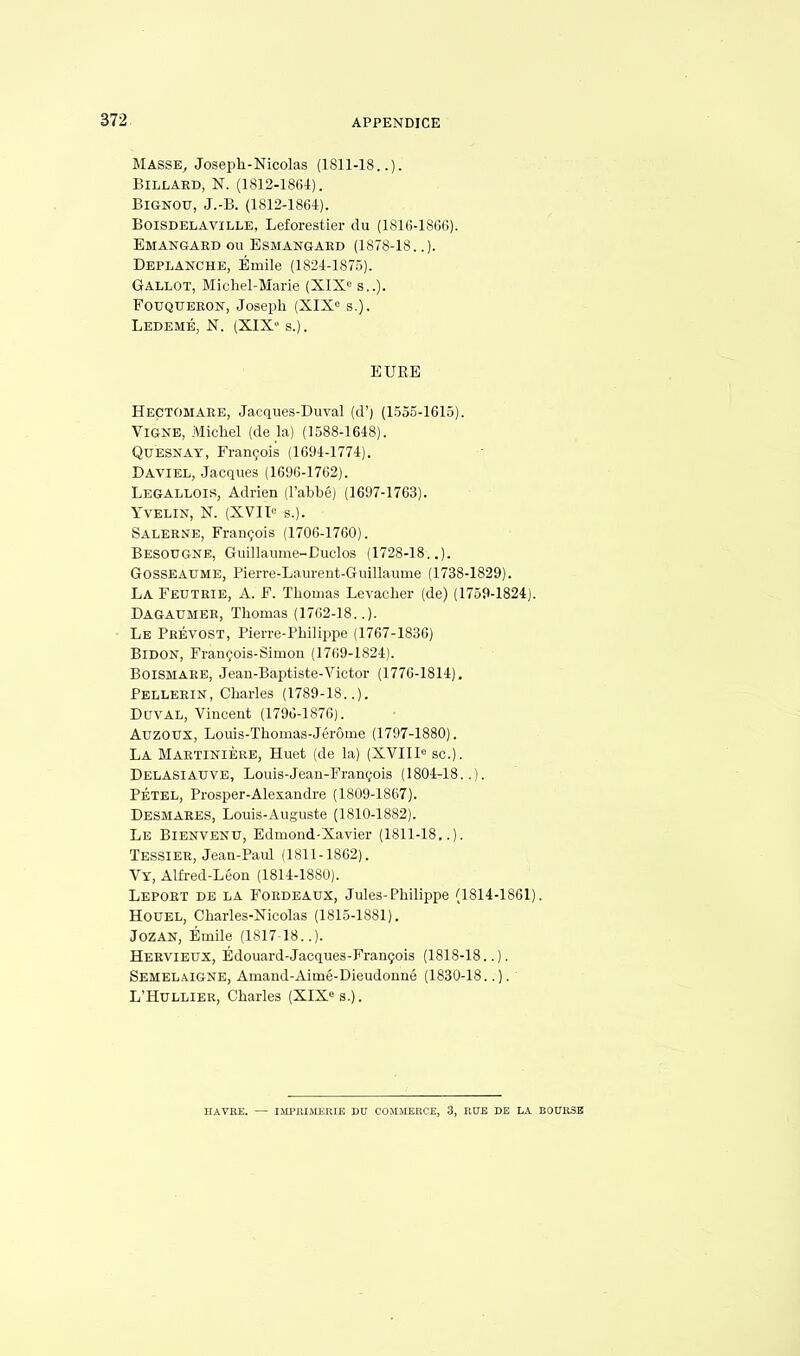 Masse, Joseph-Nicolas (1811-18..). Billard, N. (1812-1864). BlGNOU, J.-B. (1812-1864). Boisdelaville, Leforestier du (1816-1866). Emangaed ou Esmangaed (1878-18..). Deplanche, Emile (1824-1875). Gallot, Michel-Marie (XIXe s..). Fouqueeon, Joseph (XIXe s.). Ledemé, N. (XIX0 s.). EURE Hectomake, Jacques-Duval (d'j (1555-1615). Vigne, Michel (de la) (1588-1648). Quesnay, François (1694-1774). Daviel, Jacques (1696-1762). Legallois, Adrien (l'abbé) (1697-1763). Yvelin, N. (XVIIe s.). Salebne, François (1706-1760). Besougne, Guillaume-Duclos (1728-18..). Gosseaume, Pierre-Laurent-Guillaume (1738-1829). La Feutrie, A. F. Thomas Levacher (de) (1759-1824). Dagaumer, Thomas (1762-18..). Le Prévost, Pierre-Philippe (1767-1836) Bidon, François-Simon (1769-1824). Boismaee, Jeau-Baptiste-Victor (1776-1814). Pellerin, Charles (1789-18..). Duval, Vincent (1796-1876). Auzoux, Louis-Thomas-Jérôme (1797-1880). La Maetinière, Huet (de la) (XVIIIe se). Delasiauve, Louis-Jean-François (1804-18..). PÉtel, Prosper-Alexandre (1809-1867). Desmares, Louis-Auguste (1810-1882). Le Bienvenu, Edmond-Xavier (1811-18..). Tessieb, Jean-Paul (1811-1862). Vy, Alfred-Léon (1814-1880). Lepoet de la Foedeaux, Jules-Philippe (1814-1861). Houel, Charles-Nicolas (1815-1881). Jozan, Emile (1817-18..). Heevieux, Édouard-Jacques-François (1818-18..). Semelaigne, Amand-Aimé-Dieudonné (1830-18..). L'Hullier, Charles (XIXe s.). HAVRE. — IMPRIMERIE DU COMMERCE, 3, RUE DE LA BOURSE